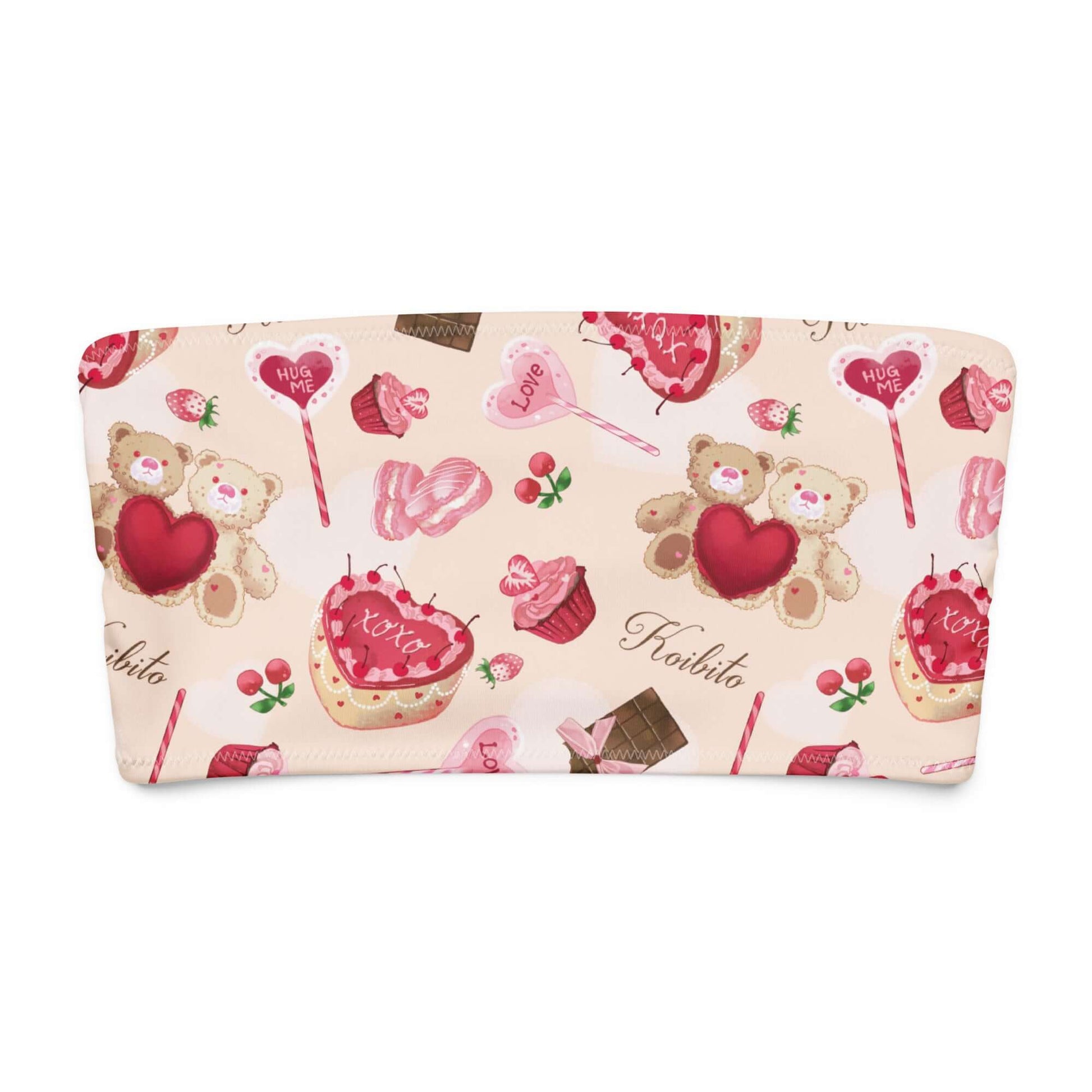 Bandeau bikini top featuring cute teddy bears, hearts, and sweet treats in a playful print design.