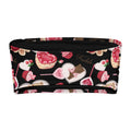 Sugar Sweetheart bandeau bikini top featuring colorful dessert prints on a black background.
