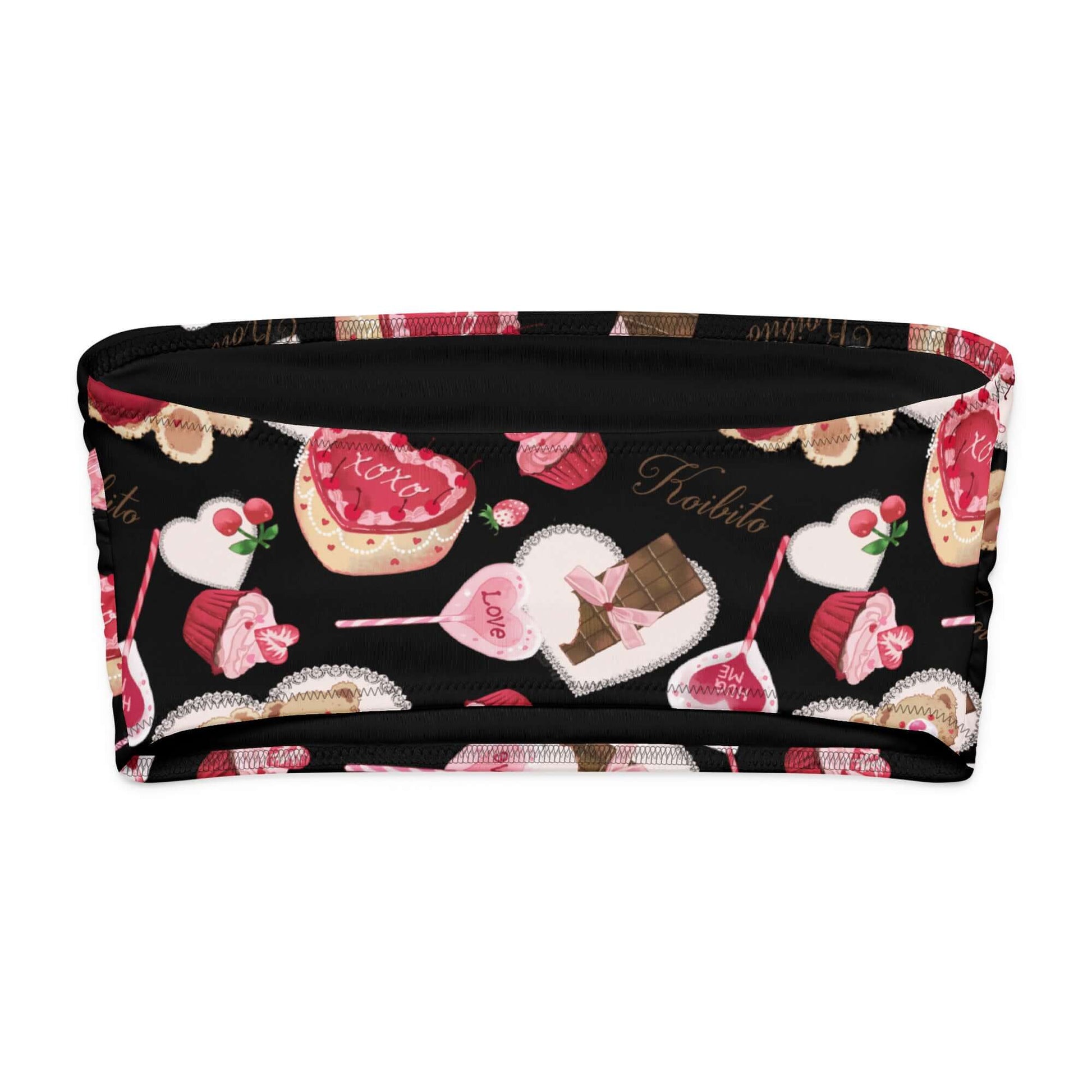 Sugar Sweetheart bandeau bikini top featuring colorful dessert prints on a black background.