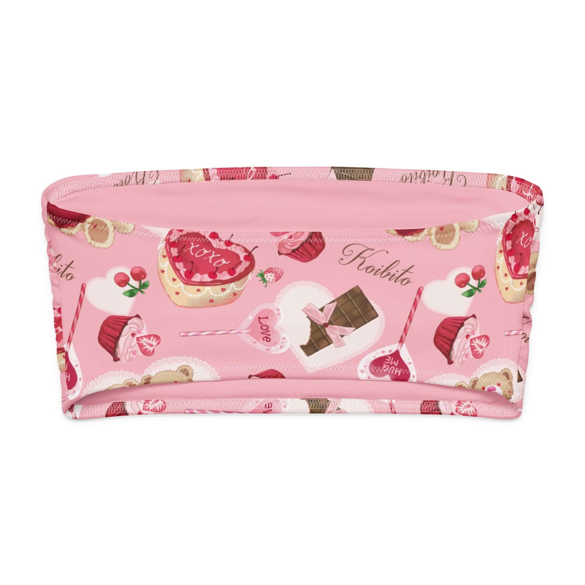 Sugar Sweetheart bandeau bikini top with cute candy and heart prints in pink for fun summer vibes.