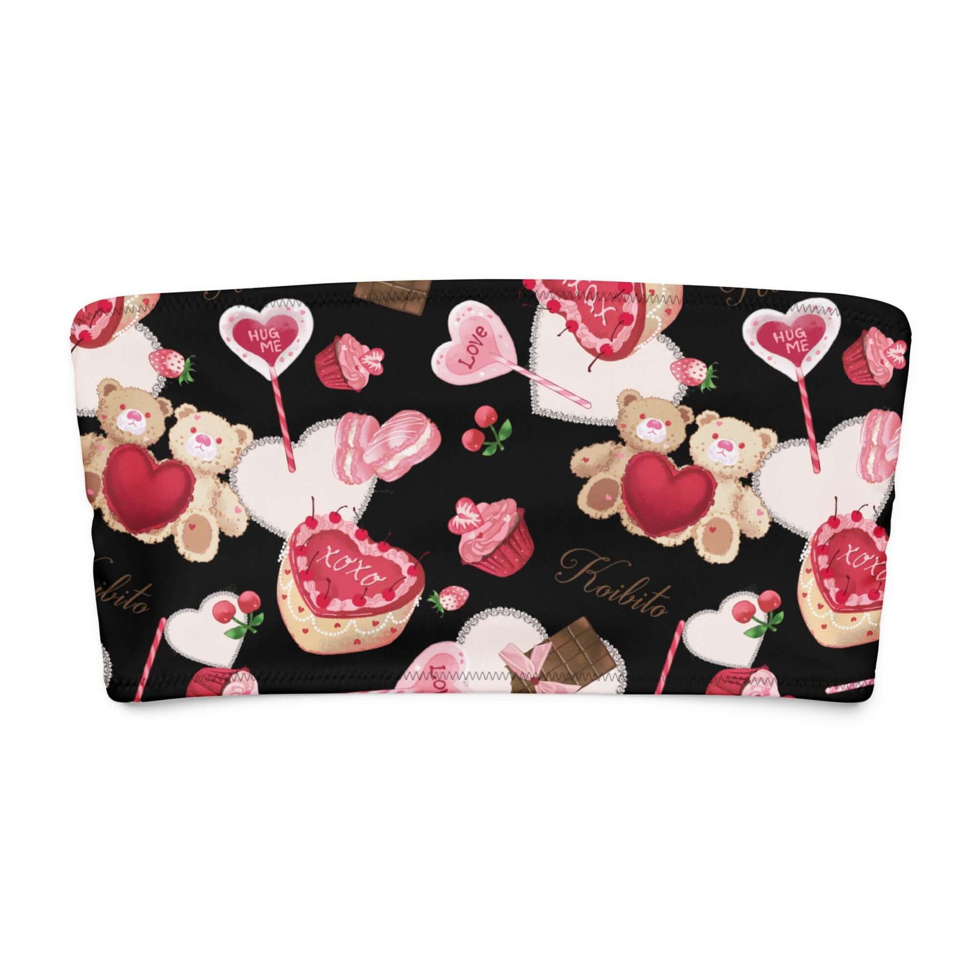 Sugar Sweetheart bandeau bikini top featuring a playful pattern of hearts, bears, and candy on a black background.