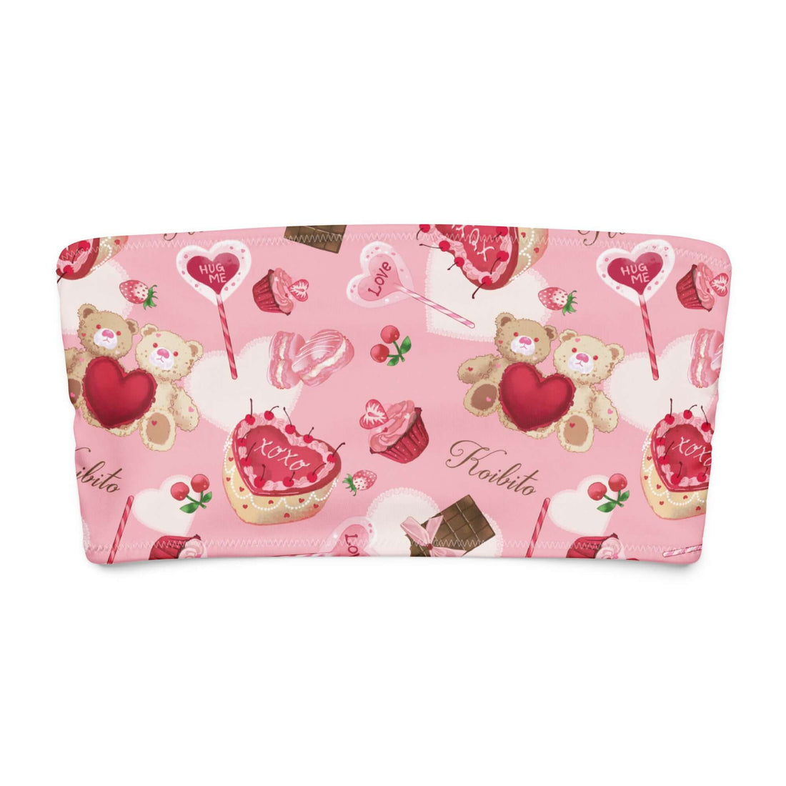 Cute pink bandeau bikini top featuring teddy bears, hearts, and candy designs, perfect for a sweet summer day.