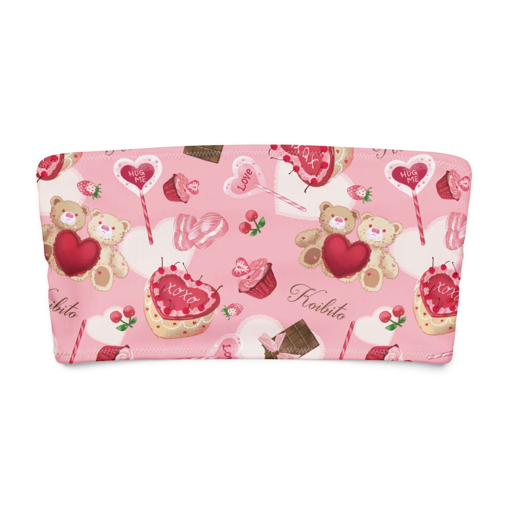 Cute pink bandeau bikini top featuring teddy bears, hearts, and candy designs, perfect for a sweet summer day.