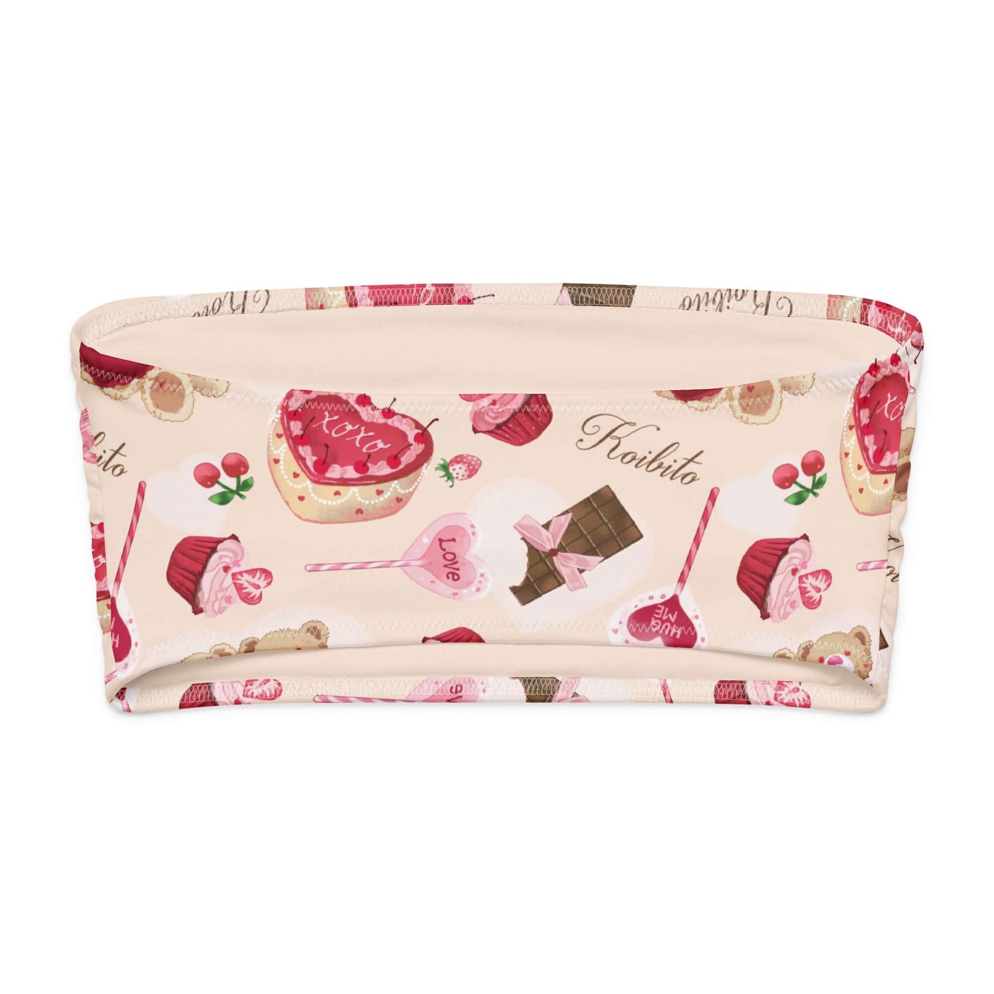 Sugar Sweetheart bandeau bikini top with colorful candy and dessert prints, perfect for tanning and lounging.
