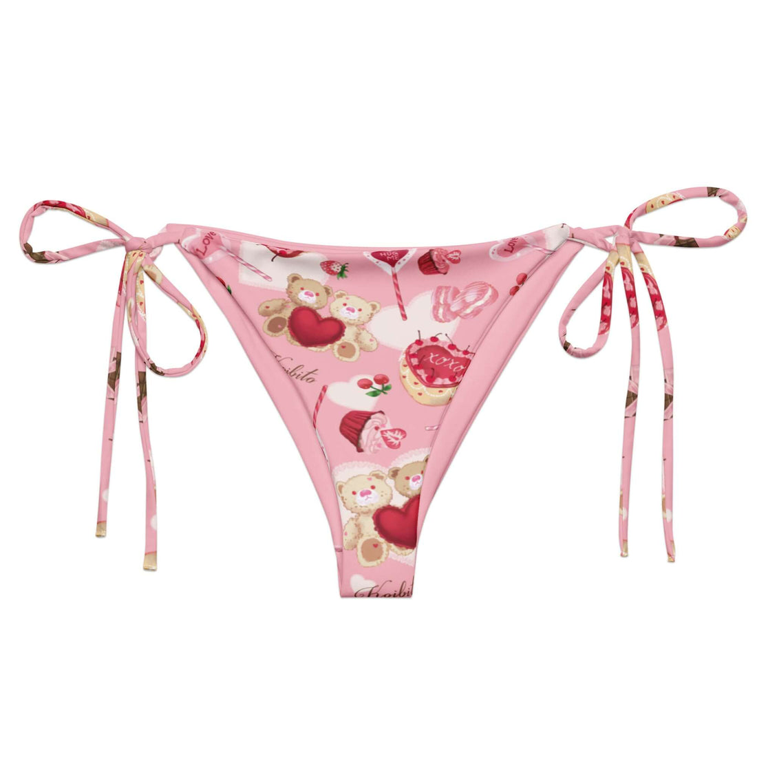 Stay stylish this summer with the Sugar Sweetheart String Bikini Bottom, featuring playful patterns and adjustable ties.