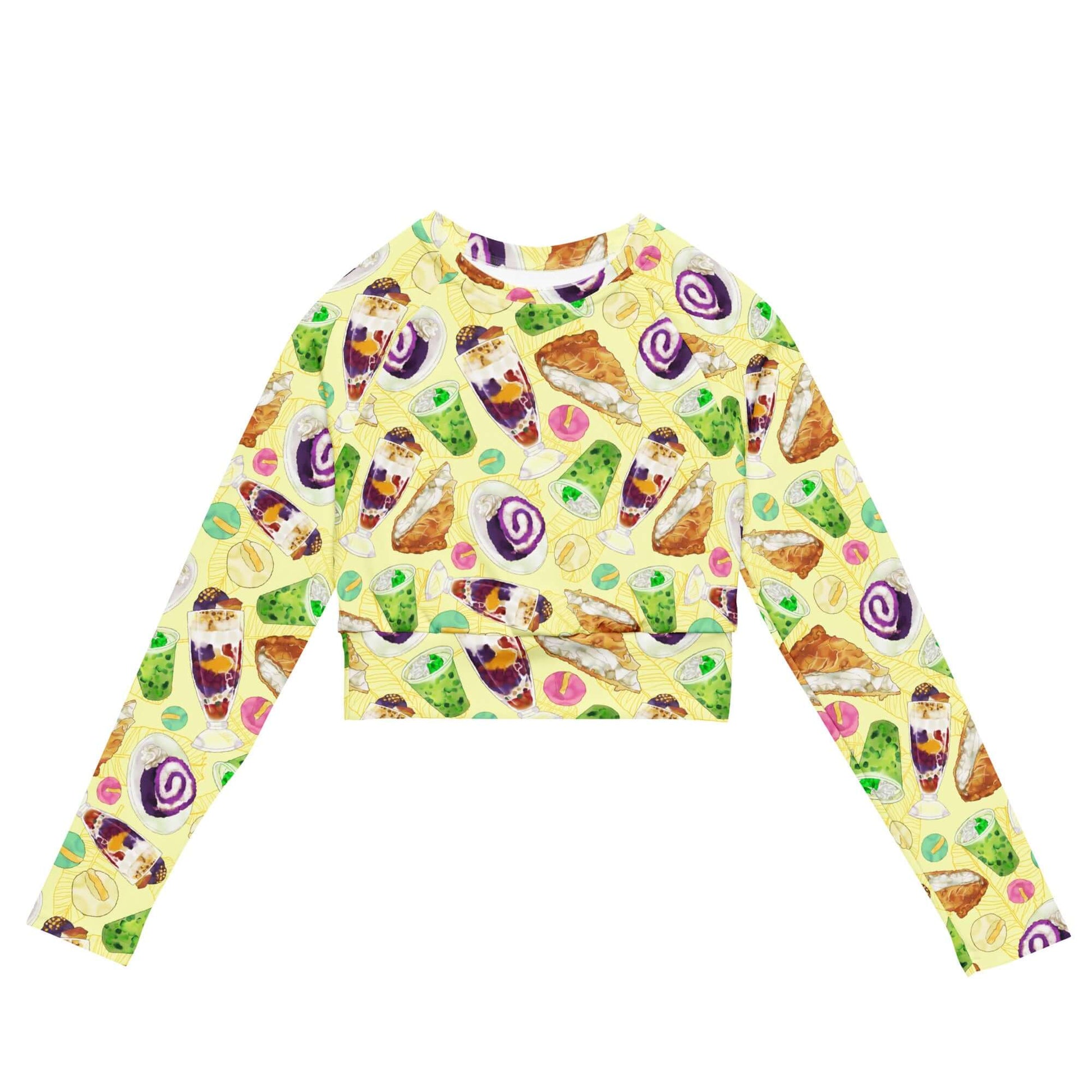 Bright and colorful Filipino Dessert Long-sleeved Crop Top featuring delicious dessert graphics for a sustainable style.