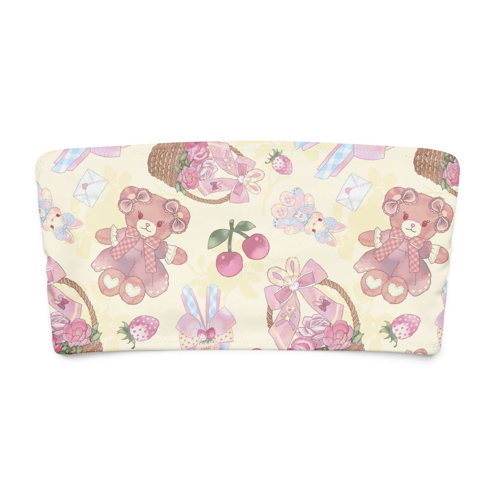 Soft bandeau bikini top with cute teddy bear and floral patterns, perfect for beach days and sun protection.