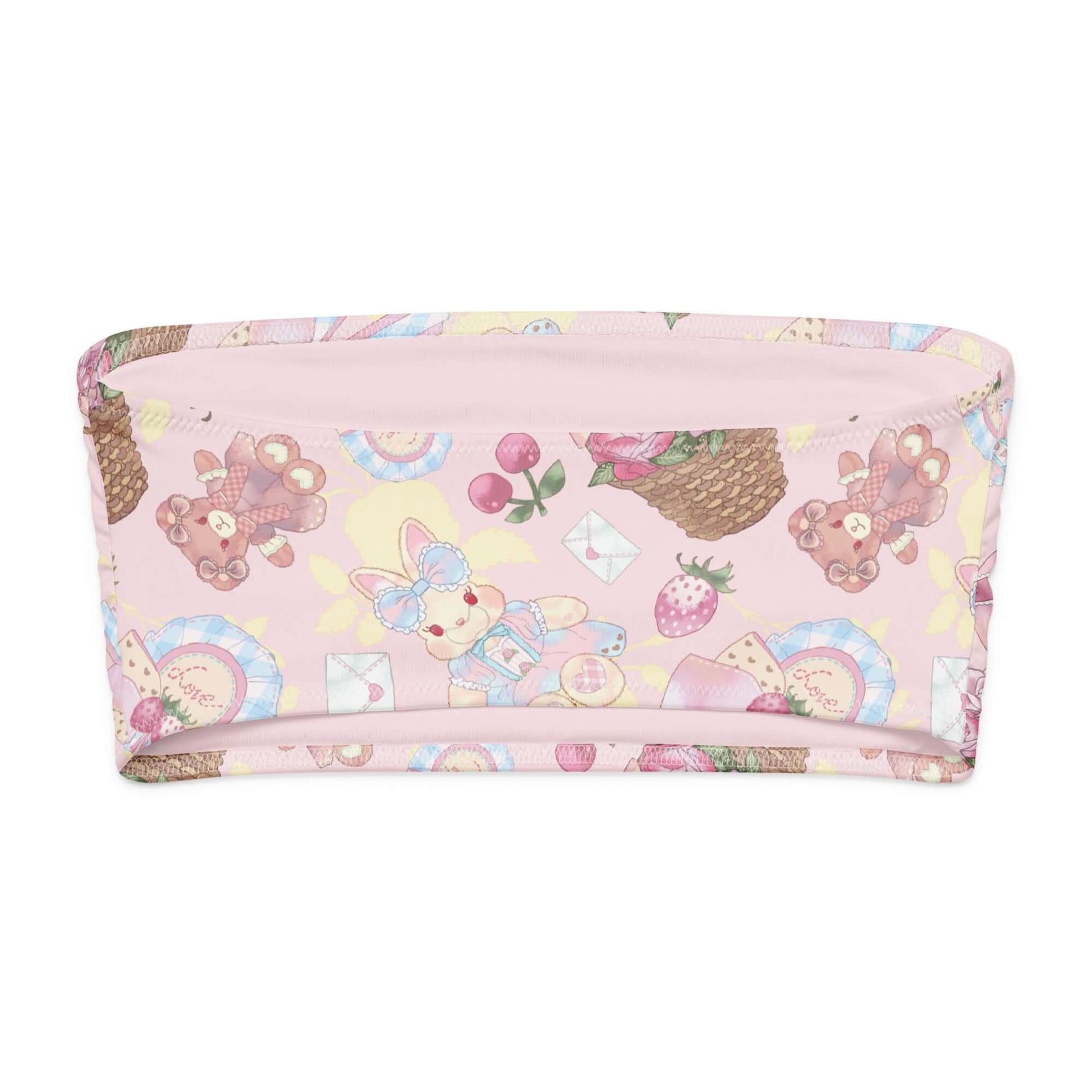 Sweet Teddy Bandeau Bikini Top in pastel colors with cute teddy bear and sweets pattern.