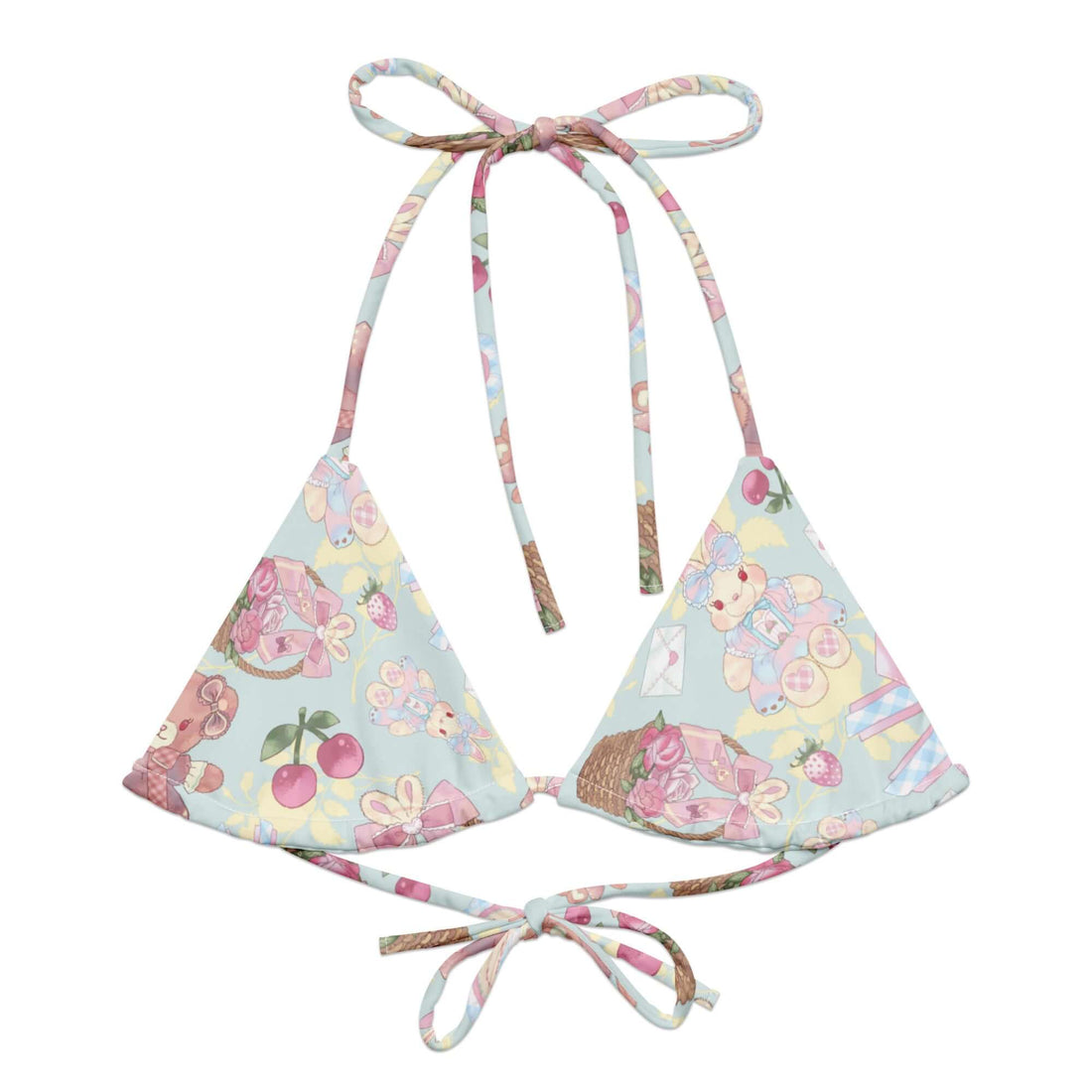Sweet Teddy Padded String Bikini Top features a colorful all-over print, perfect for summer and eco-friendly fun.