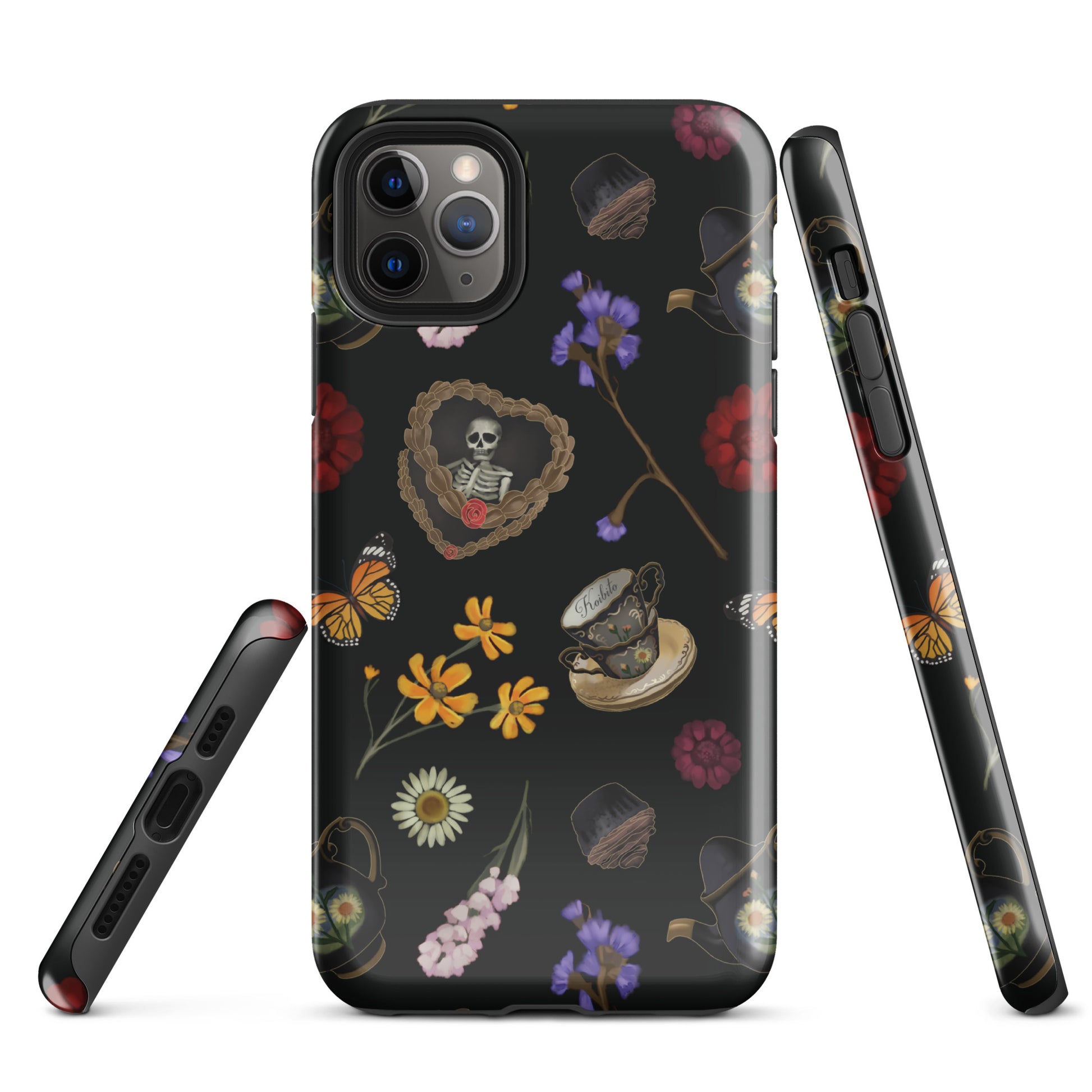 Stylish Gothic Tea Time iPhone® Tough Case featuring floral and skull designs for ultimate phone protection.