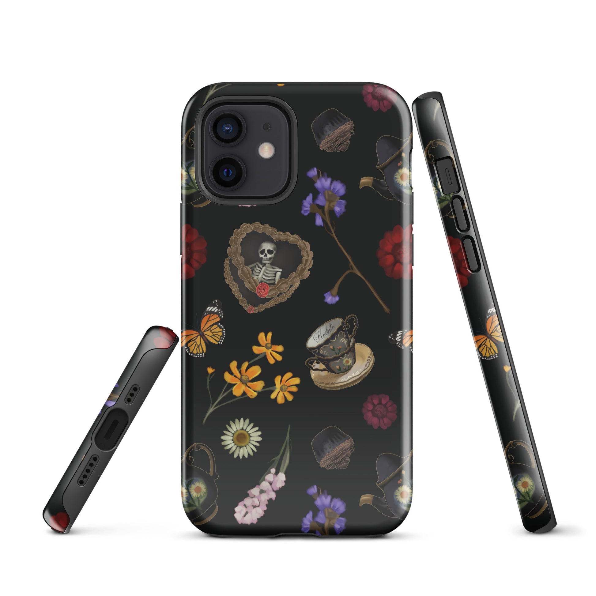 Gothic Tea Time iPhone® Tough Case featuring stylish floral and skull designs for maximum protection and flair.