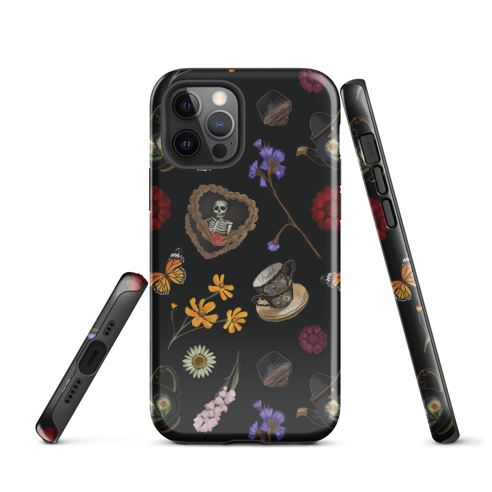 Gothic Tea Time iPhone® Tough Case features a stylish design with floral and skull motifs, perfect for year-round protection.