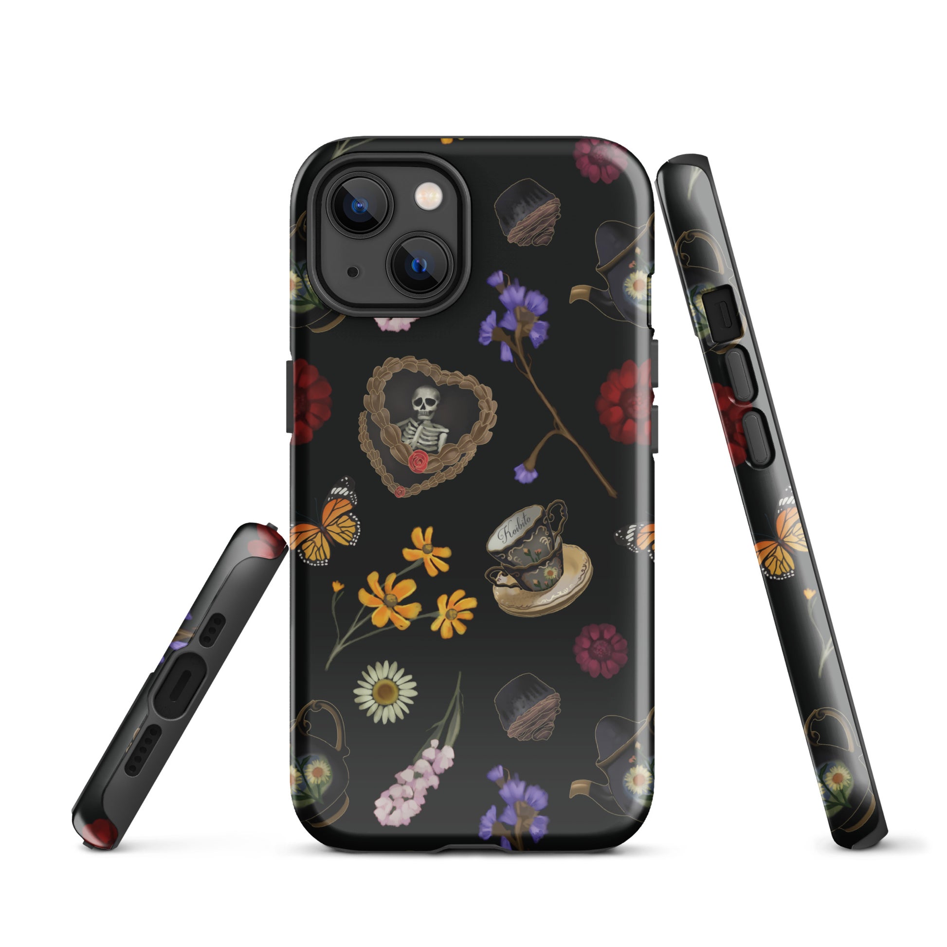 Stylish Gothic Tea Time iPhone® Tough Case featuring floral and skull graphics for ultimate protection and flair.