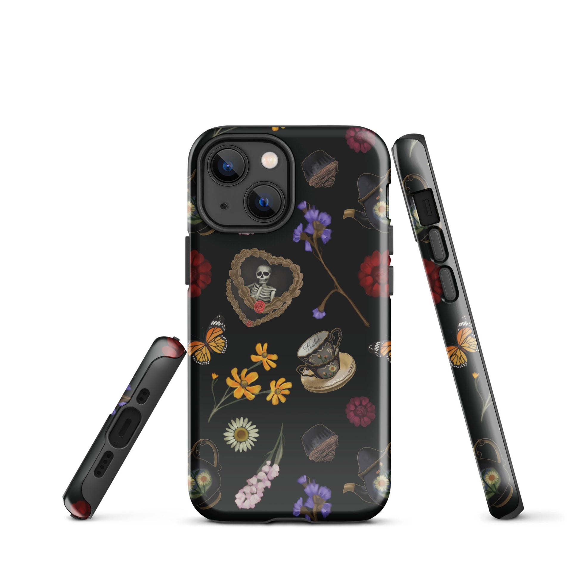 Stylish Gothic Tea Time iPhone® Tough Case featuring floral and skull designs for durable phone protection.