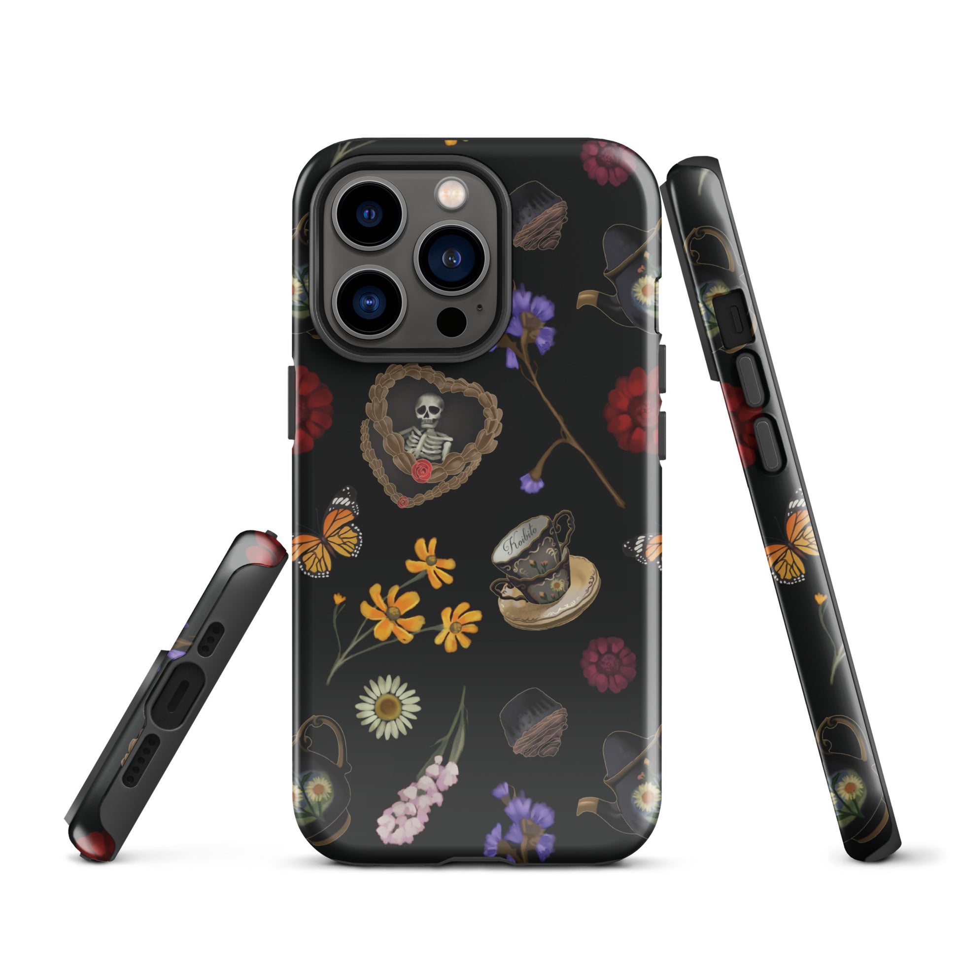 Gothic Tea Time iPhone® Tough Case features stylish floral and skull designs, offering durable protection for your phone.