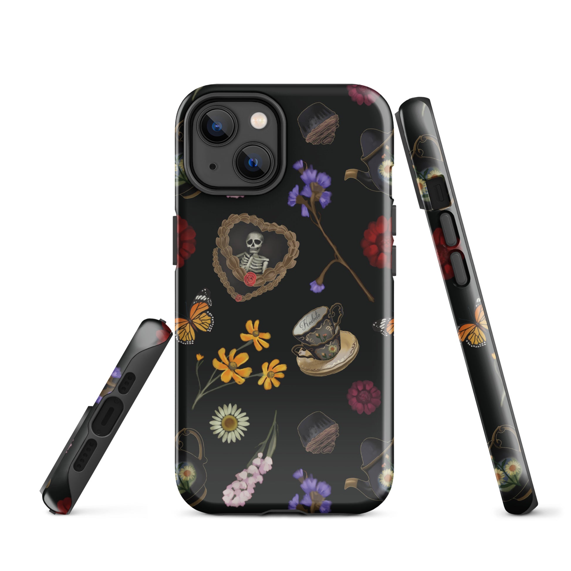 Stylish Gothic Tea Time iPhone® Tough Case features floral and skull designs for ultimate protection and fashion.