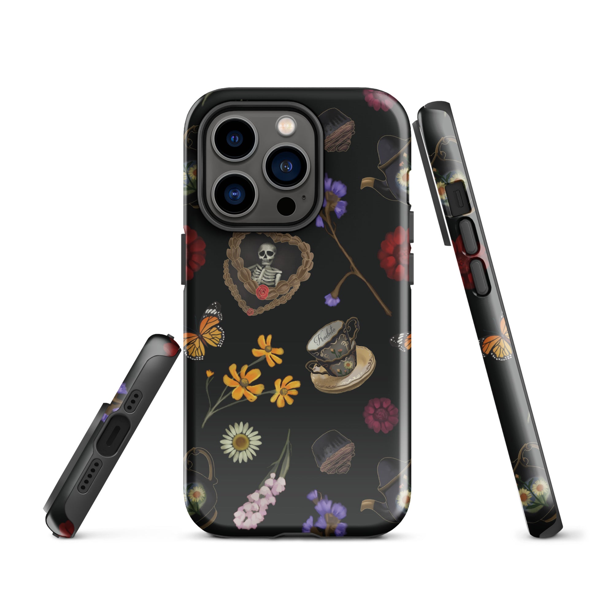 Gothic Tea Time iPhone® Tough Case features a stylish design with floral and skull motifs for ultimate phone protection.