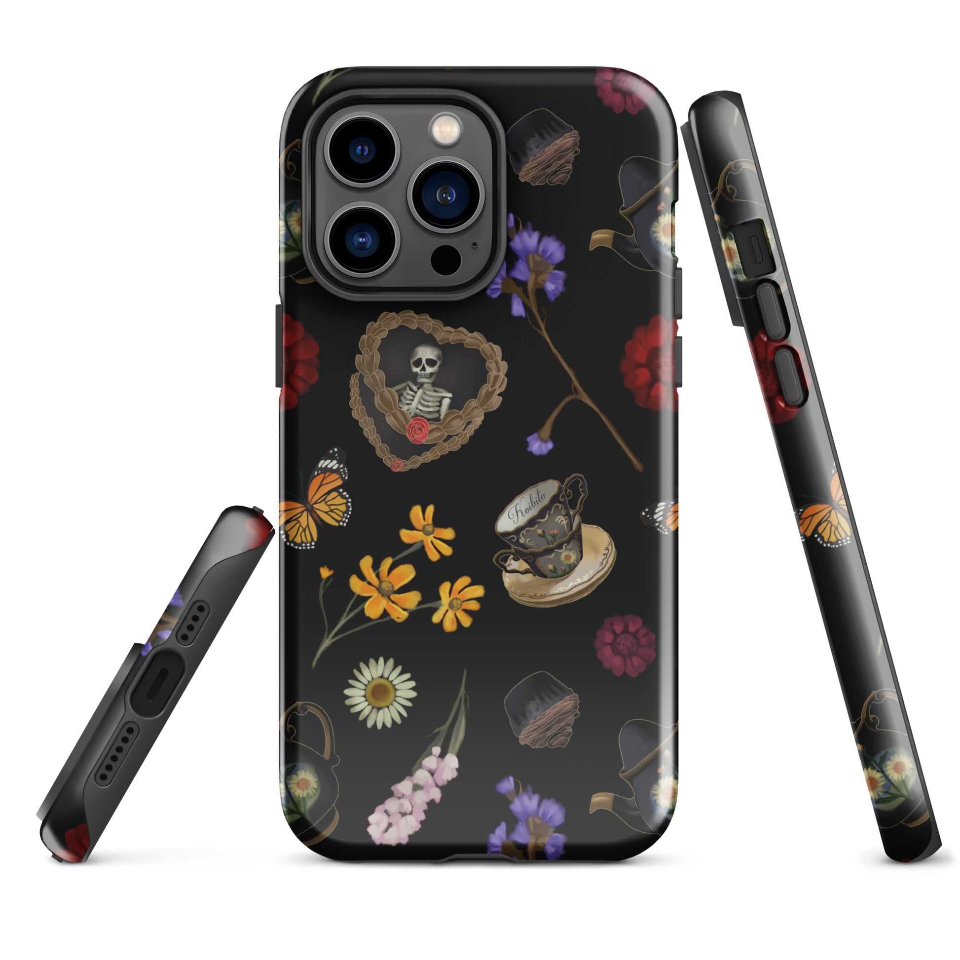 Stylish Gothic Tea Time iPhone® Tough Case features floral and skull designs for durable phone protection.