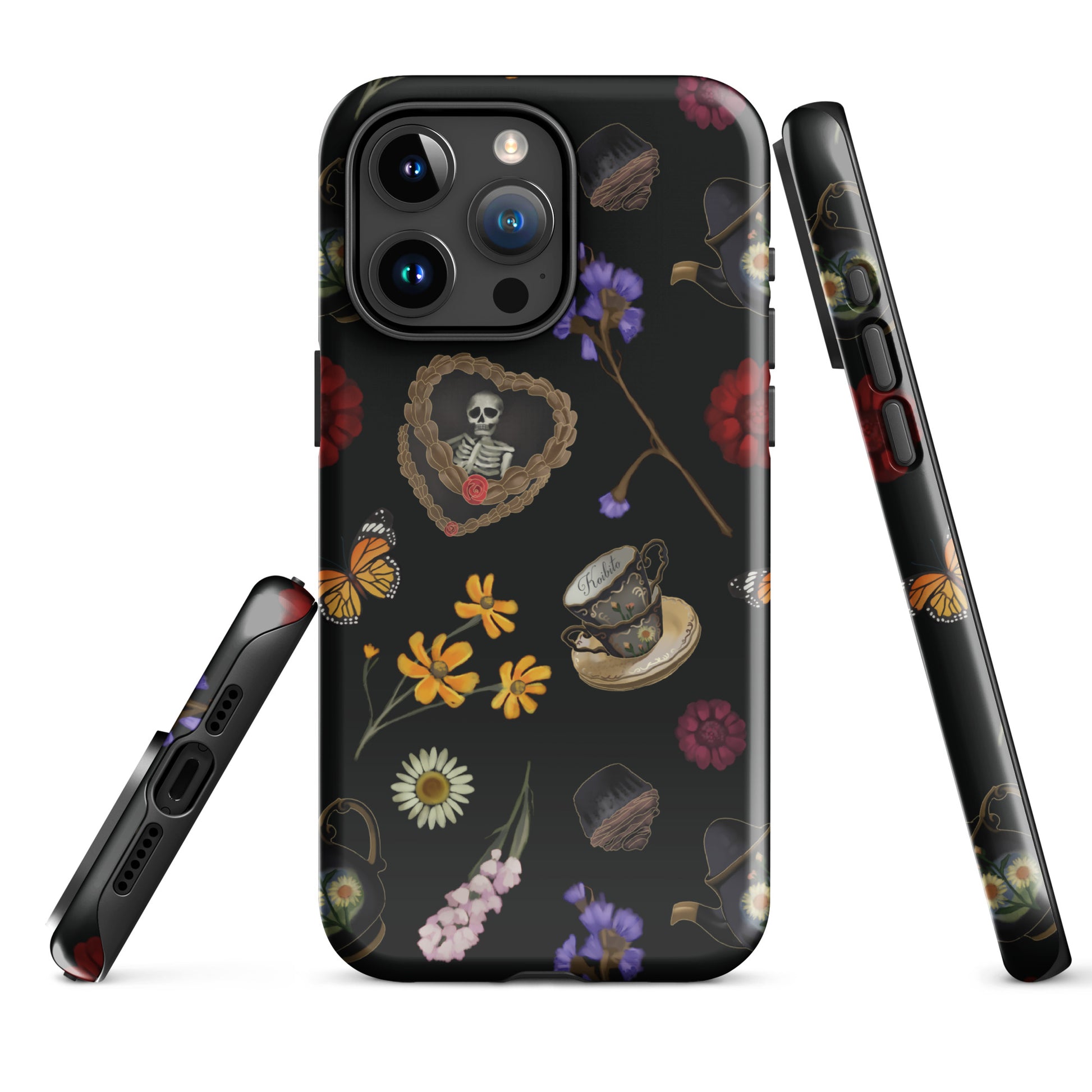Gothic Tea Time iPhone® Tough Case features a stylish design with floral and skull motifs, offering durability and protection.