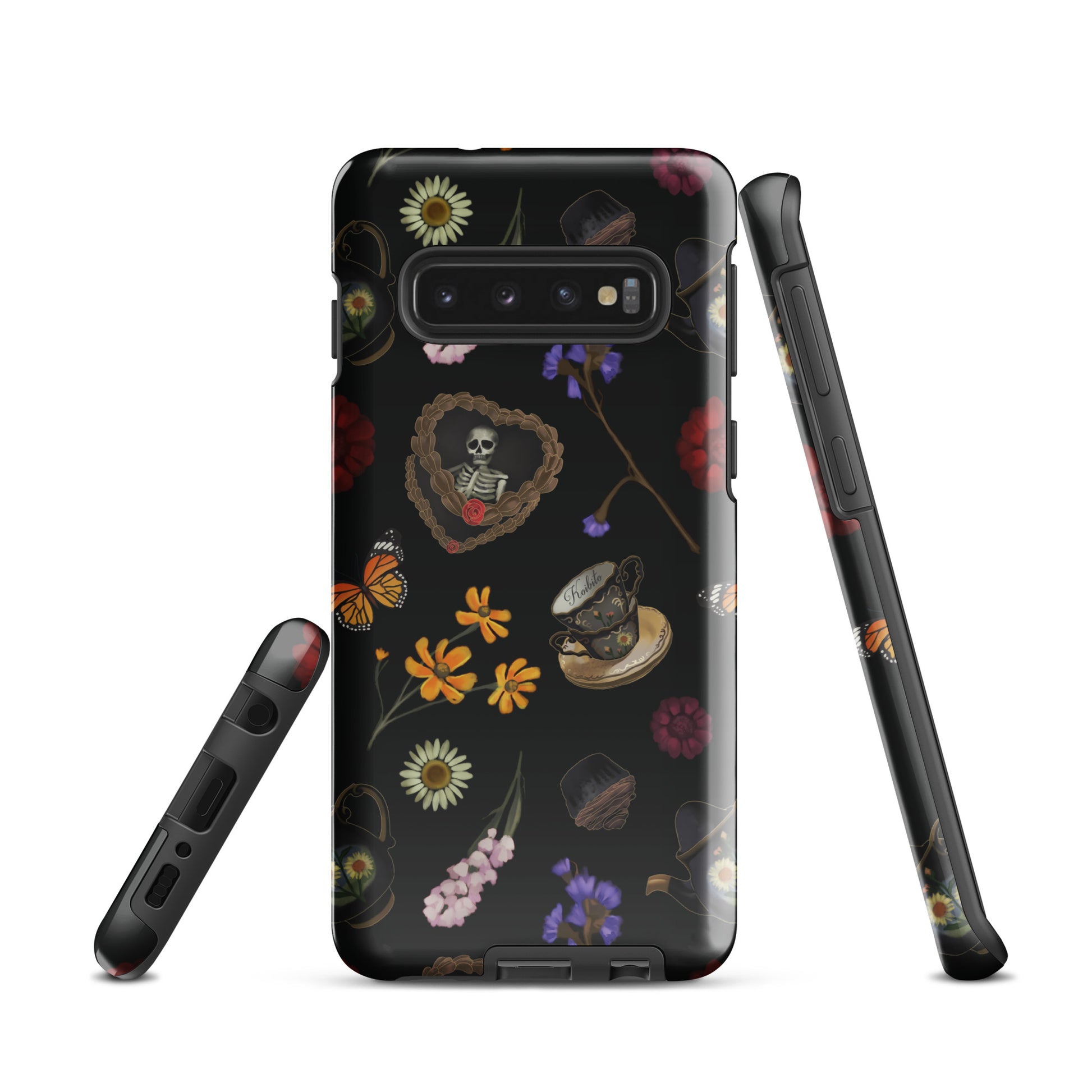 Gothic Tea Time Samsung® Tough Case features a floral and skull design, blending art with phone protection seamlessly.