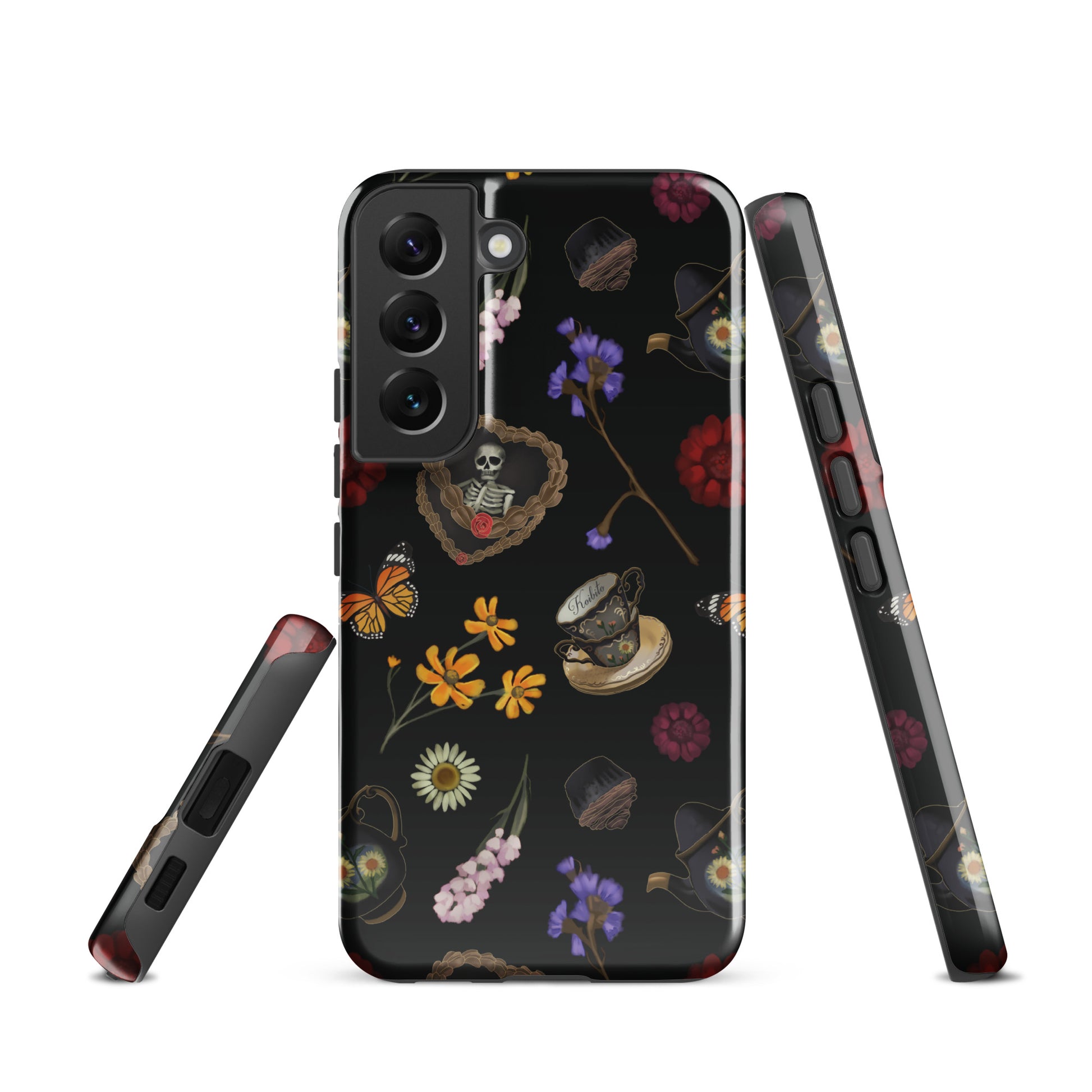 Gothic Tea Time Samsung® Tough Case features intricate floral and skull designs, offering stylish protection for your phone.