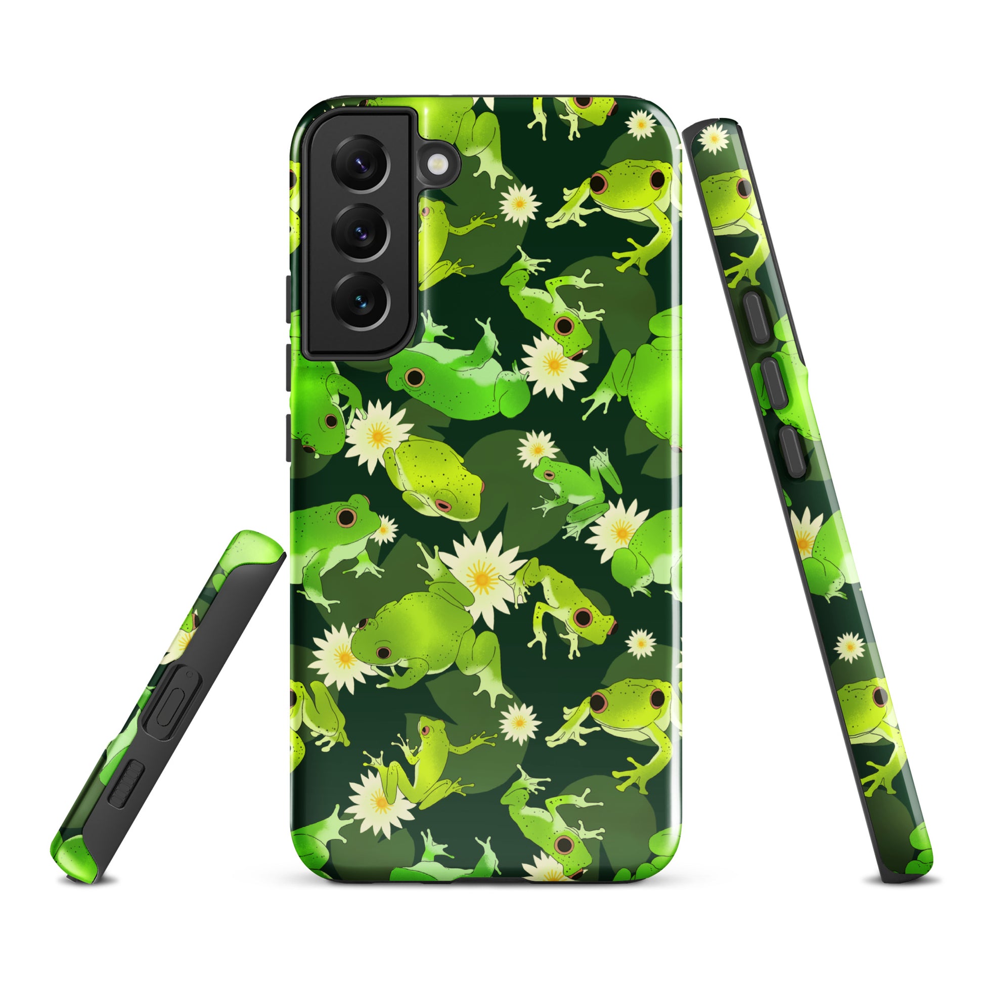 Vibrant Kero-kero Samsung® Tough Case showcasing green frogs and flowers, designed for ultimate protection and style.