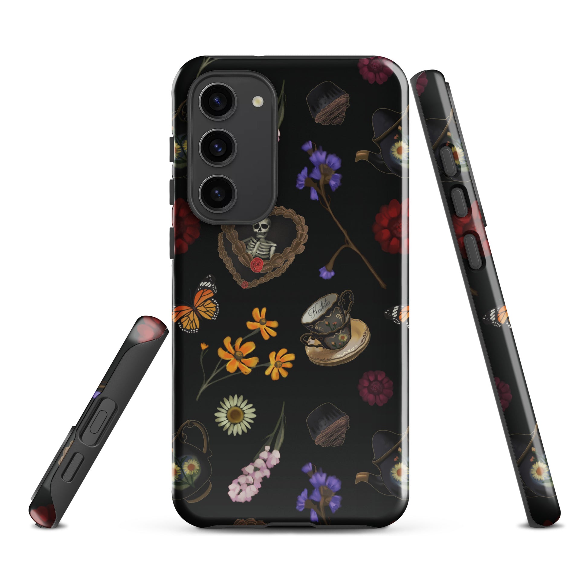 Gothic Tea Time Samsung® Tough Case features a stylish design with floral elements, ensuring your phone stays protected and chic.