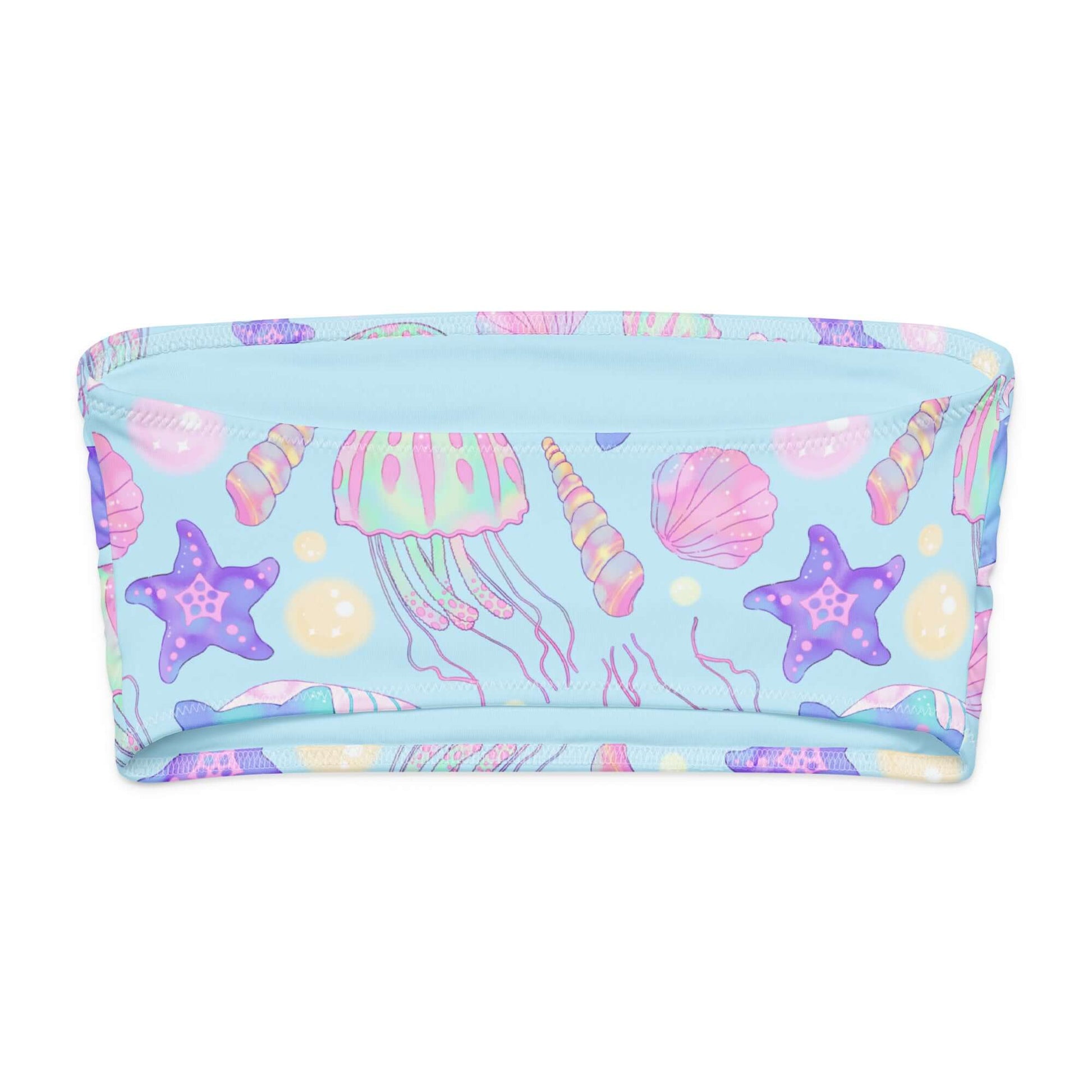 Under the Sea bandeau bikini top featuring colorful jellyfish, starfish, and seashells on a light blue background.