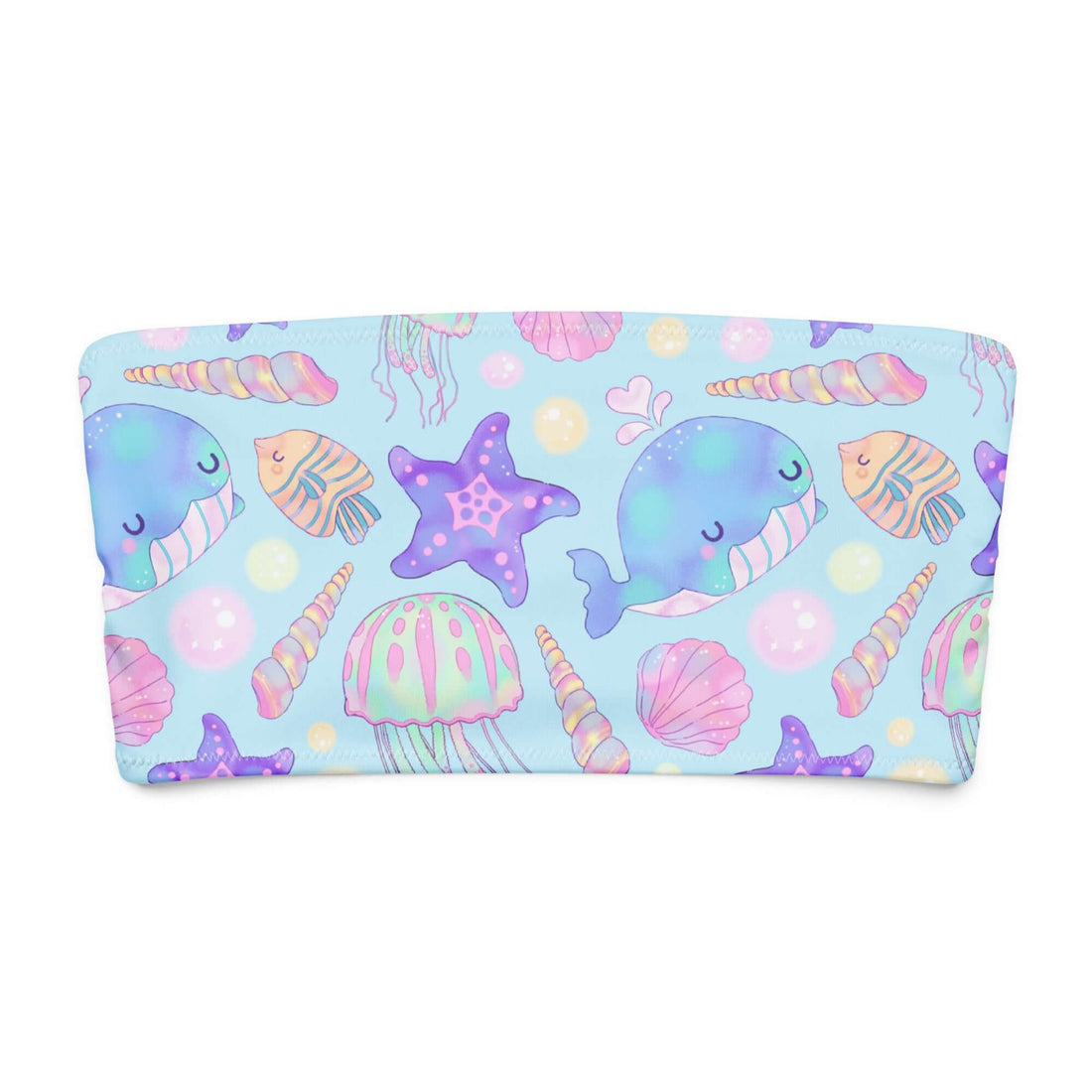 Bright and playful bandeau bikini top design featuring cartoon sea creatures and shells in soft pastel colors.