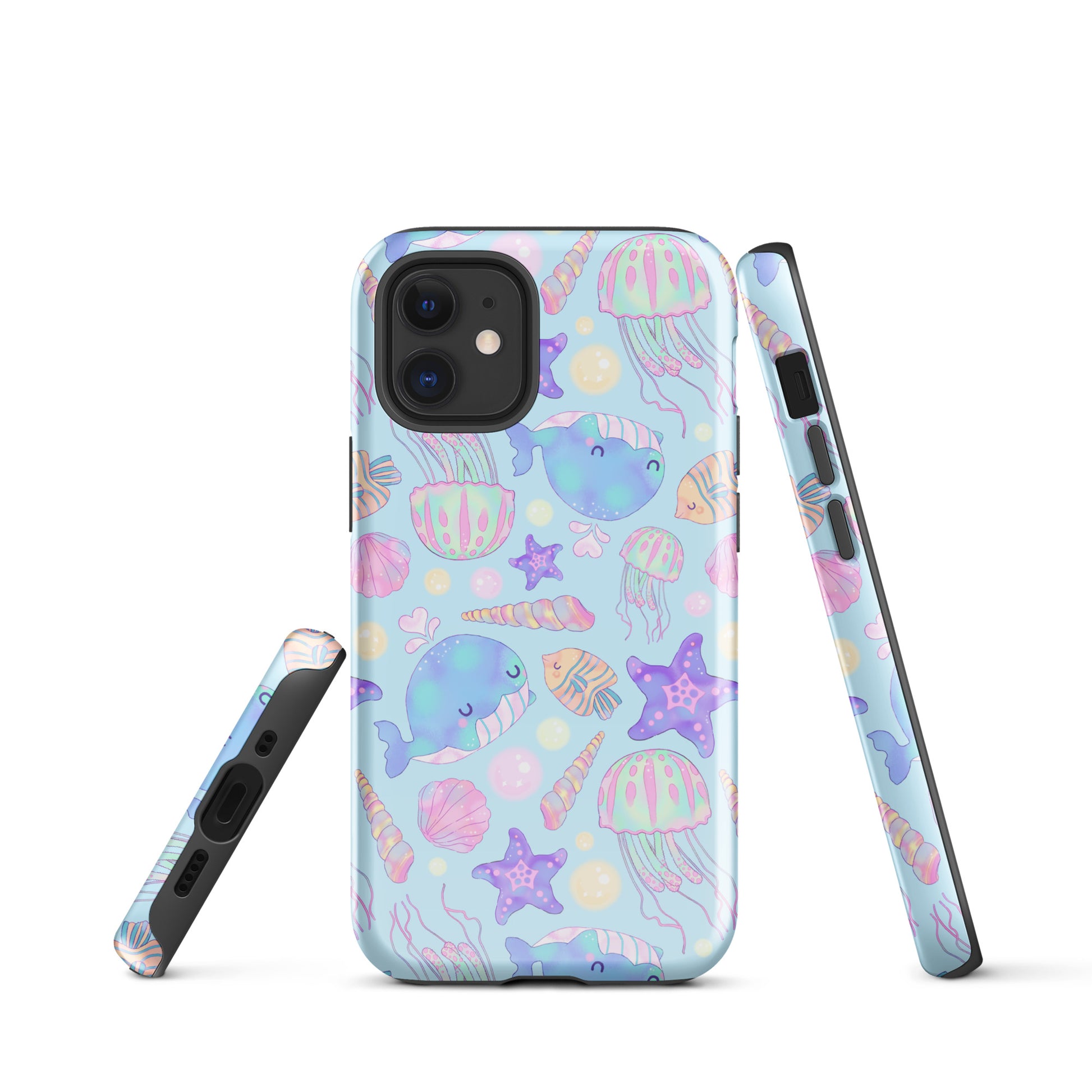 Colorful Under the Sea iPhone® Tough Case featuring whales, jellyfish, and seashells for stylish phone protection.