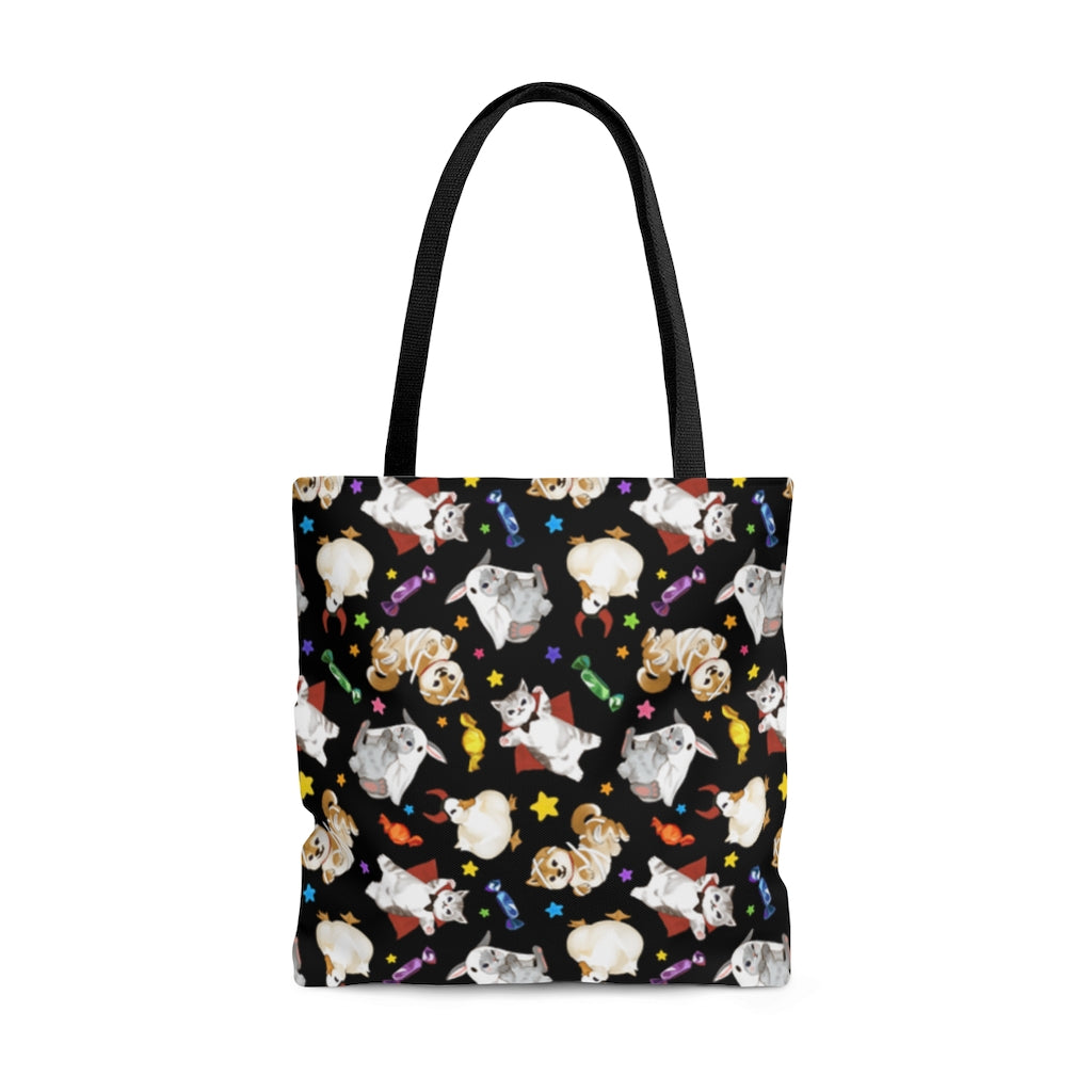 Trick or Treaters Tote Bag (Black) features an adorable design, perfect for Halloween fun and trick-or-treating.