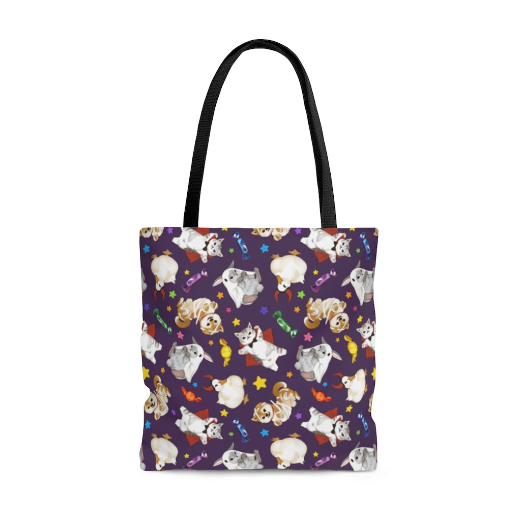 Adorable Trick or Treaters Tote Bag (Purple) perfect for Halloween, featuring playful designs and comfy straps.