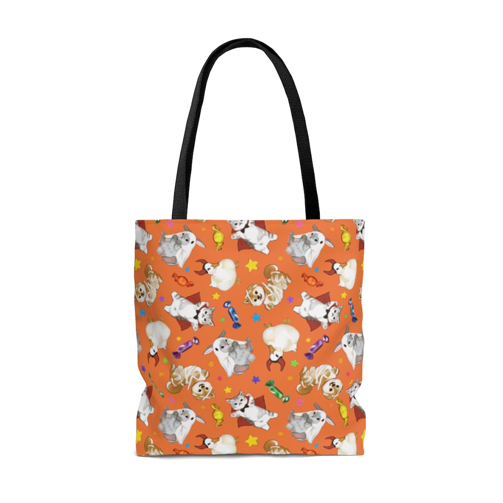 Adorable Trick or Treaters Tote Bag (Orange) perfect for Halloween, lightweight with comfy cotton straps.