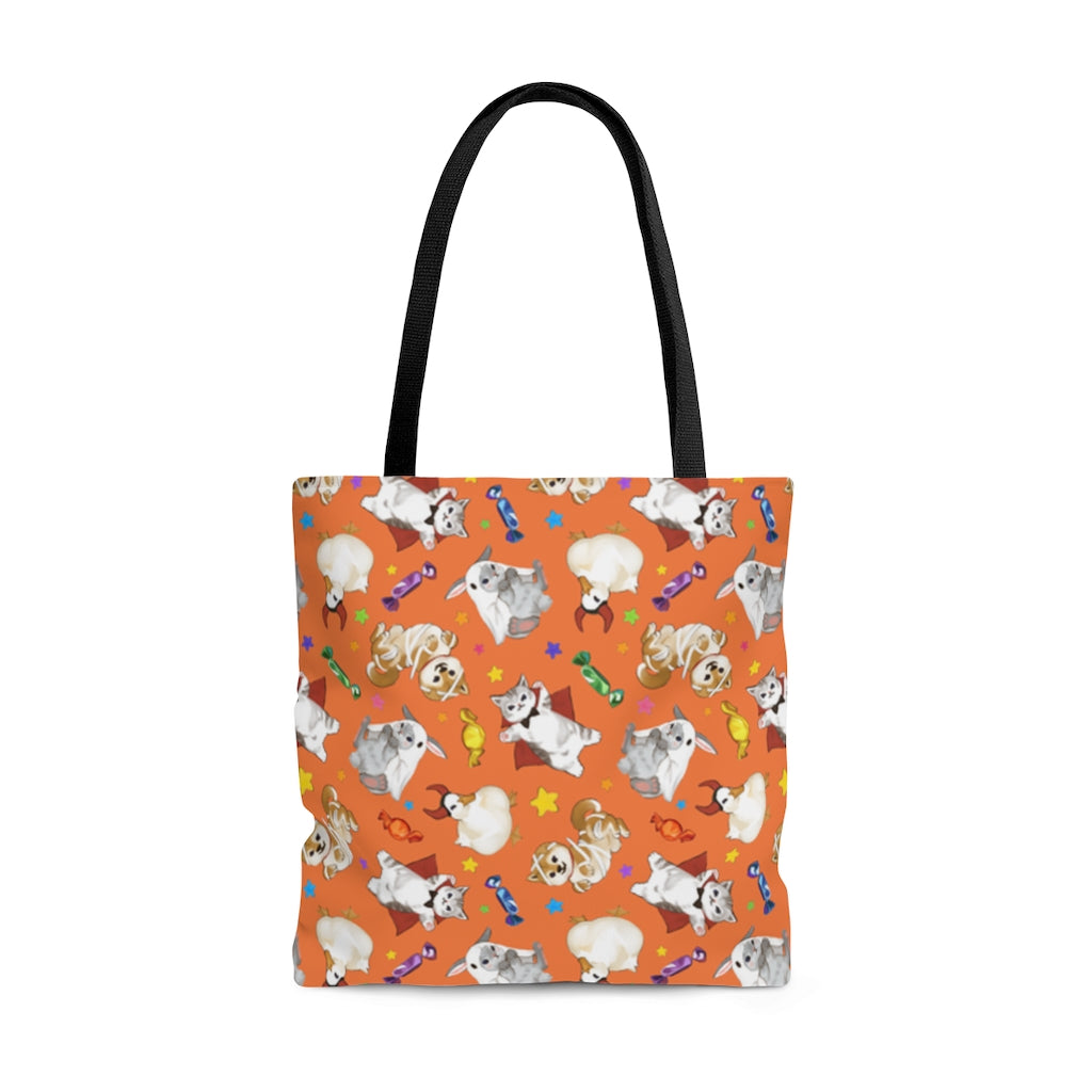 Cheerful Trick or Treaters Tote Bag (Orange) featuring playful designs, perfect for Halloween festivities.