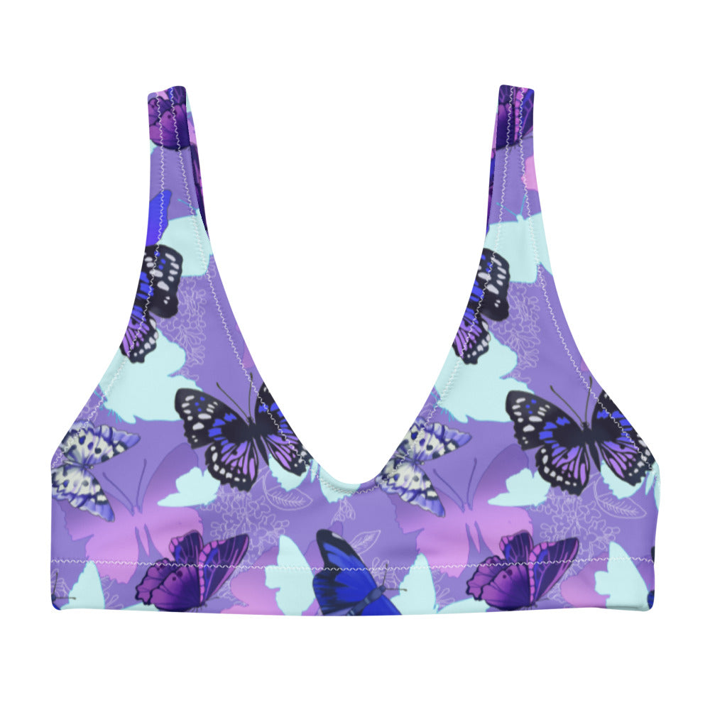 Vibrant Butterfly Padded Bikini Top in lavender, perfect for a stylish beach look and comfortable support.