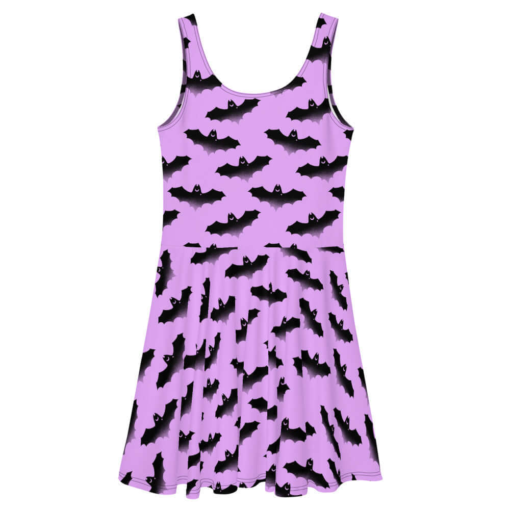 Aensland Skater Dress featuring a playful bat pattern, perfect for sunny days and inspired by the Morrigan.