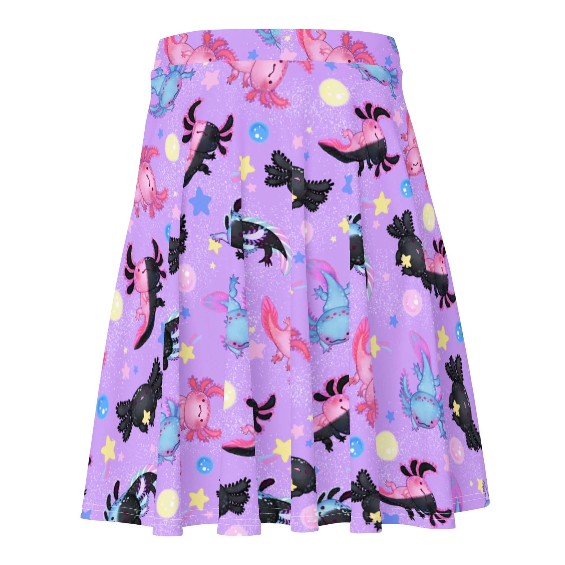 Colorful Axolotl Skater Skirt featuring playful designs, perfect for adding sparkle to any outfit. Ideal for all body types!