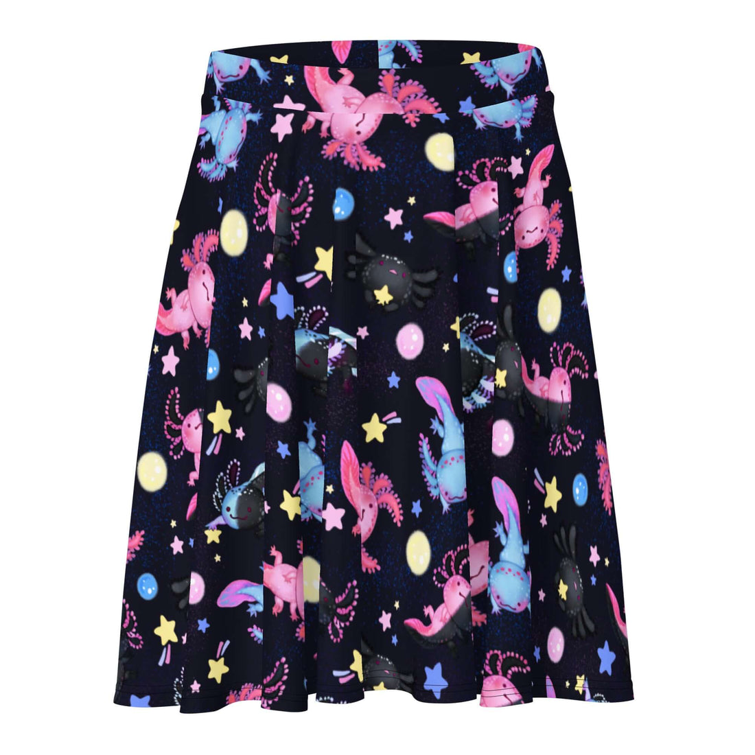 Colorful Axolotl Skater Skirt featuring playful axolotls and stars, perfect for a cute, stylish look.