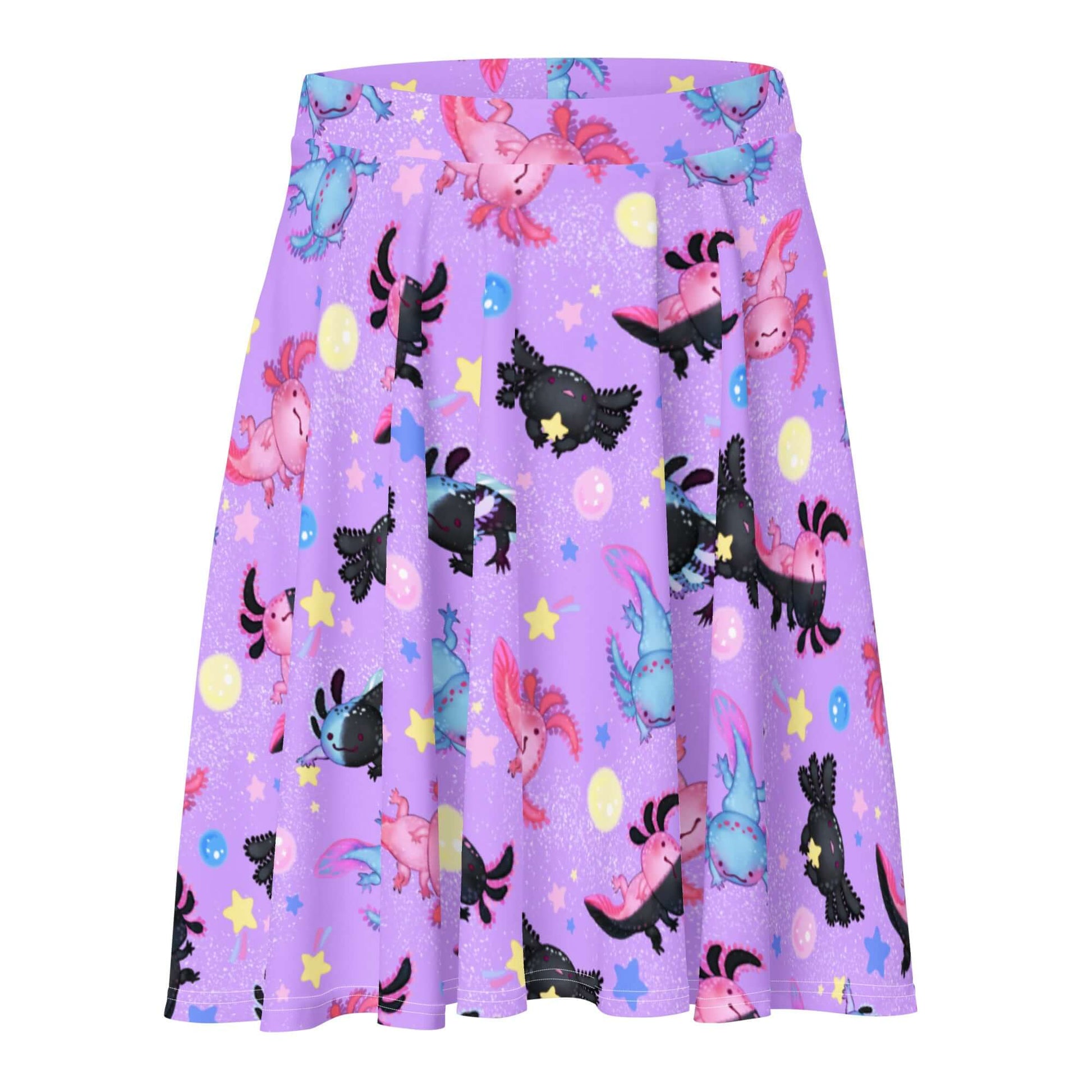Cute Axolotl Skater Skirt featuring vibrant designs, perfect for adding sparkle and style to any outfit.