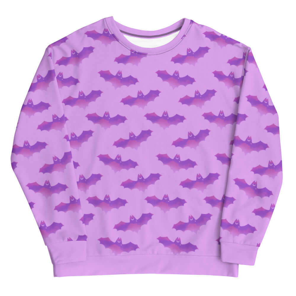Cozy Aensland Sweatshirt featuring a vibrant bat pattern, perfect for stylish warmth any time of the day.