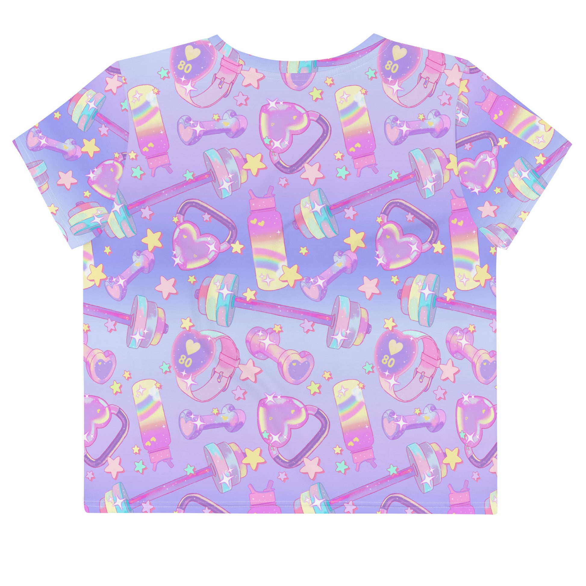 Vibrant Glitter Gains Crop Top featuring pastel colors and gym-themed prints, perfect for stylish workouts.