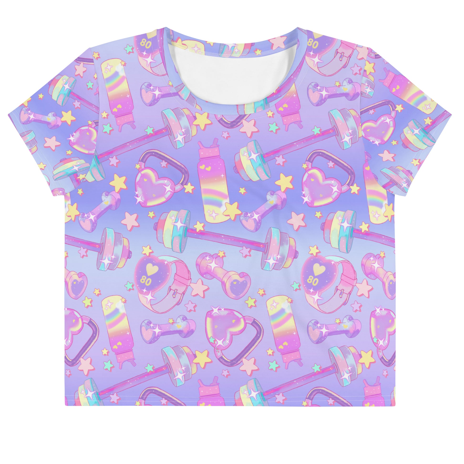 Vibrant Glitter Gains Crop Top featuring colorful weightlifting designs, perfect for workouts at the gym.