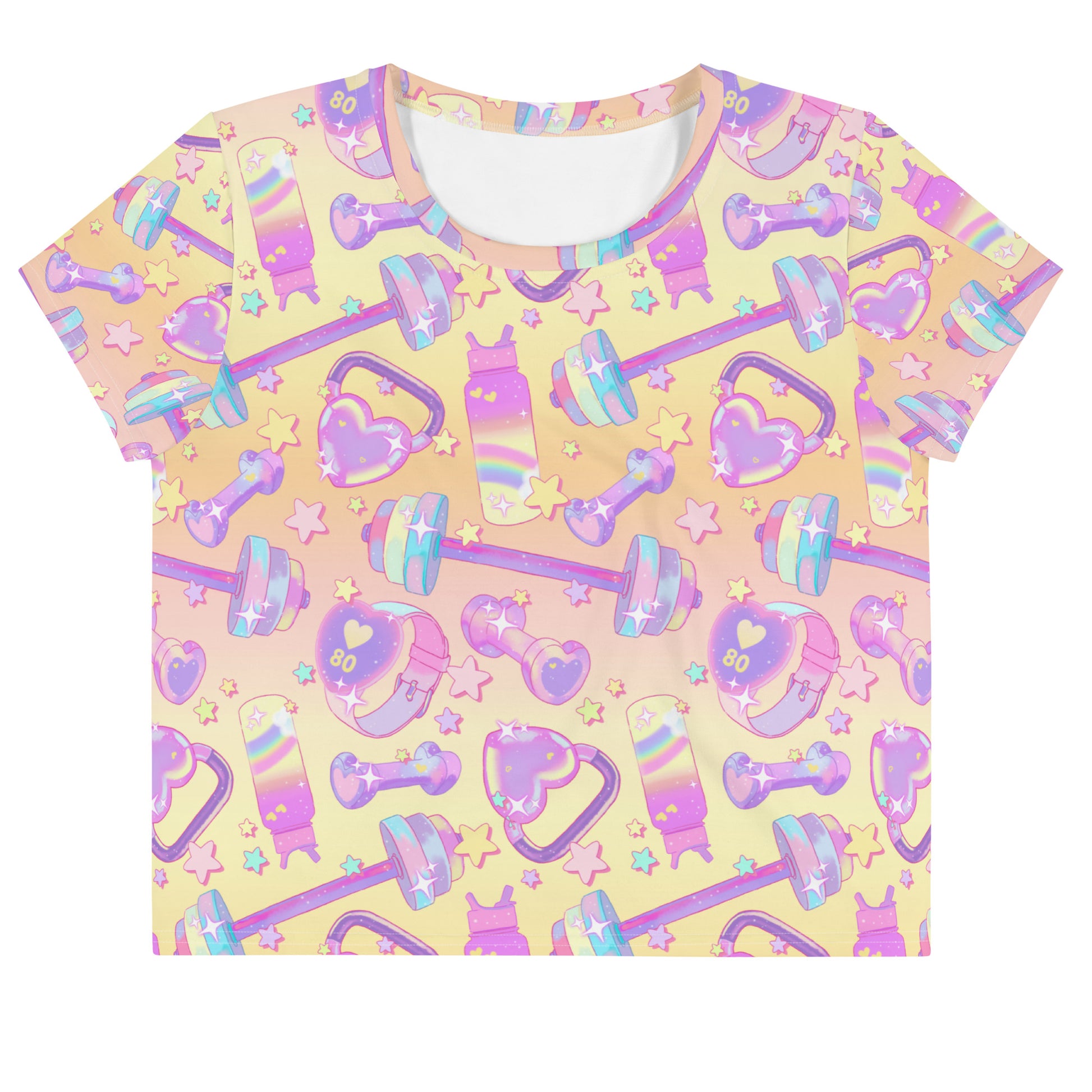 Vibrant Glitter Gains Crop Top featuring pastel colors and fitness motifs, perfect for stylish workouts.