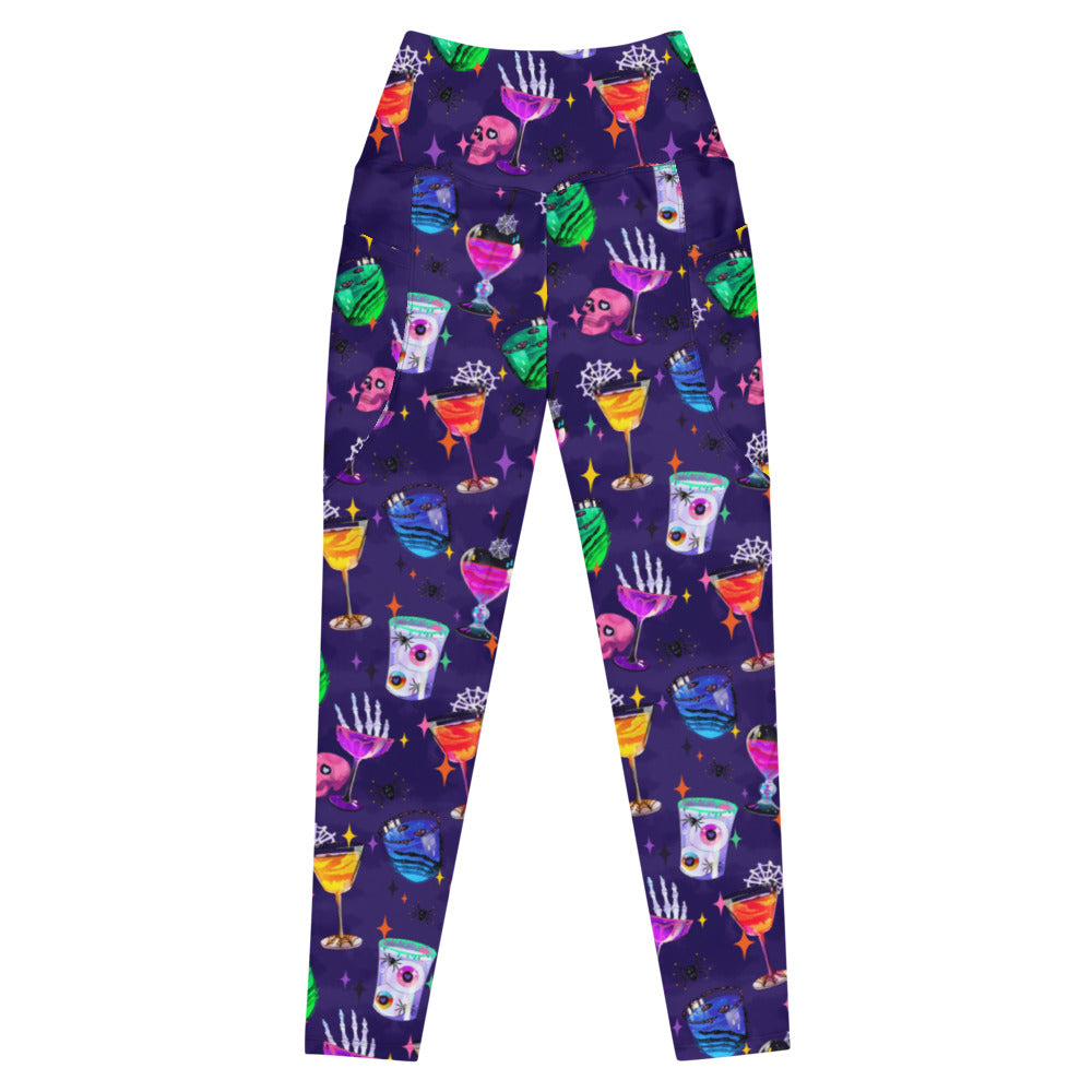 Colorful Premium Monster Party Leggings featuring spooky designs, perfect for workouts and Halloween festivities.