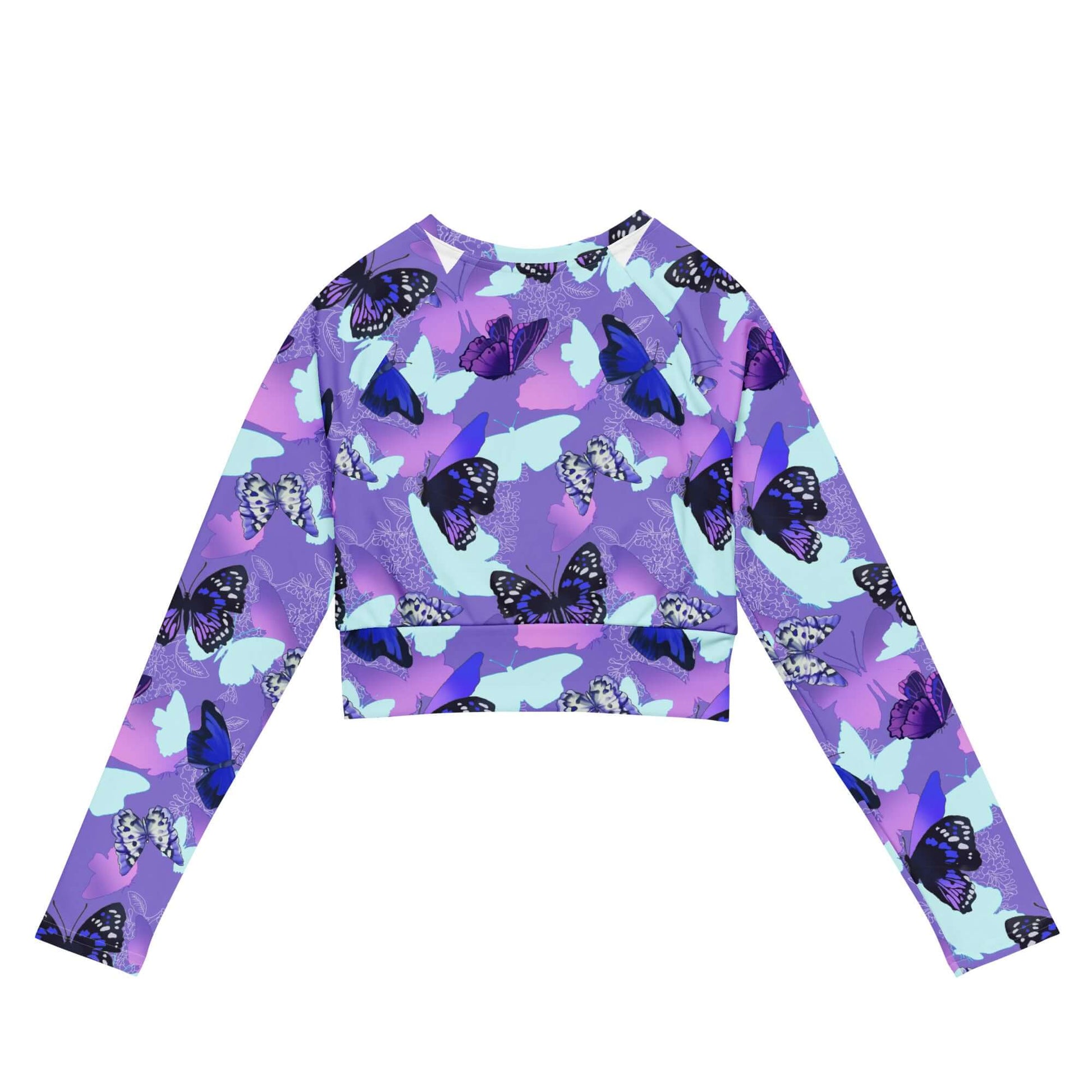 Butterfly Long-sleeved Crop Top featuring vibrant butterfly prints, perfect for eco-friendly athleisure wear.