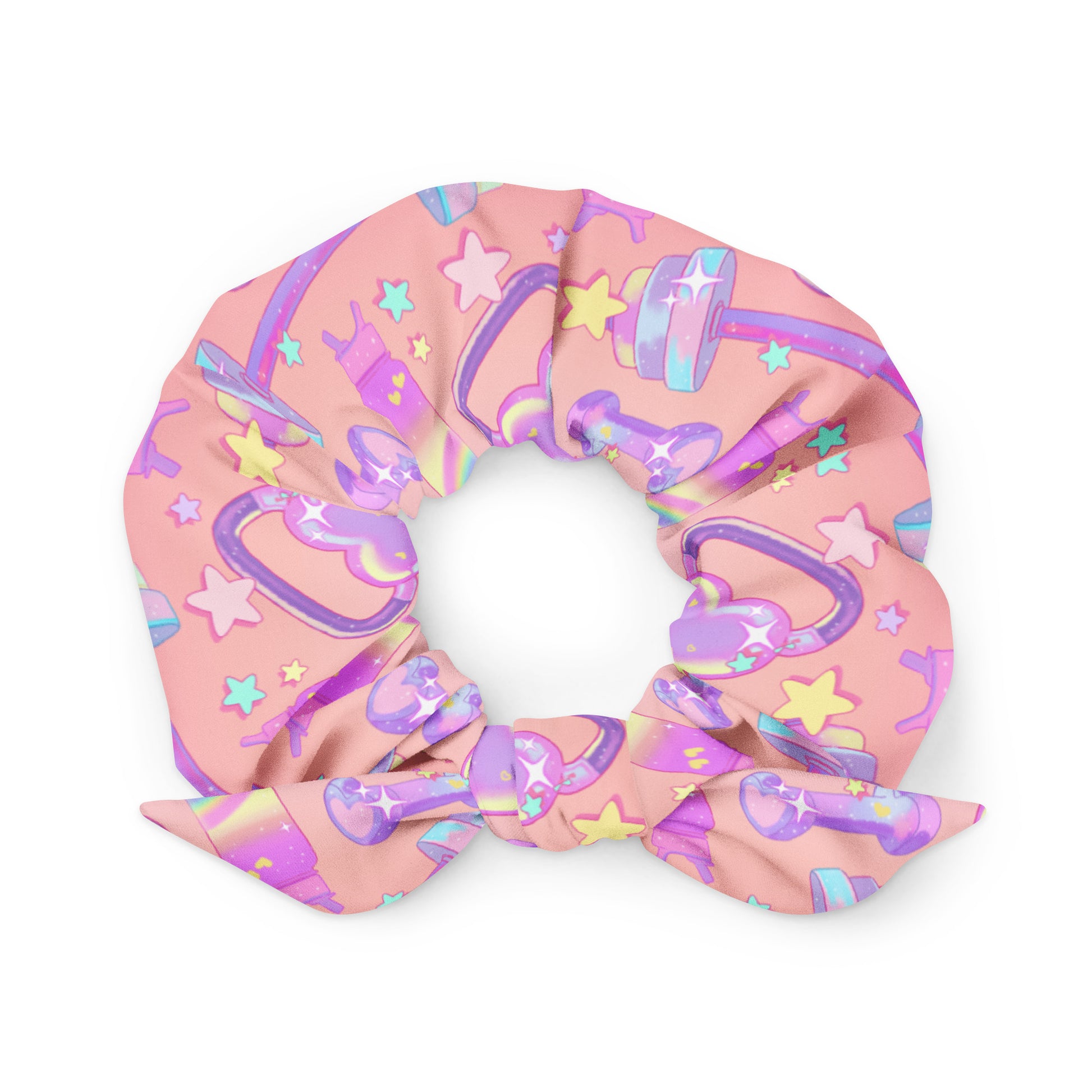 Colorful Glitter Gains Scrunchie featuring gym-themed designs, perfect for stylish workouts and kawaii looks.