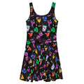 Stylish Monster Party Skater Dress features fun, colorful prints and a flared skirt, perfect for any spooky occasion.