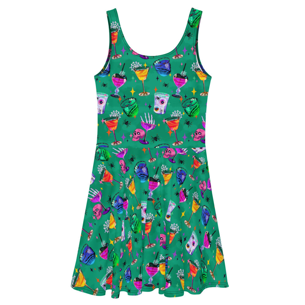 Vibrant Monster Party Skater Dress featuring fun designs, perfect for showing off your inner ghoul in style!