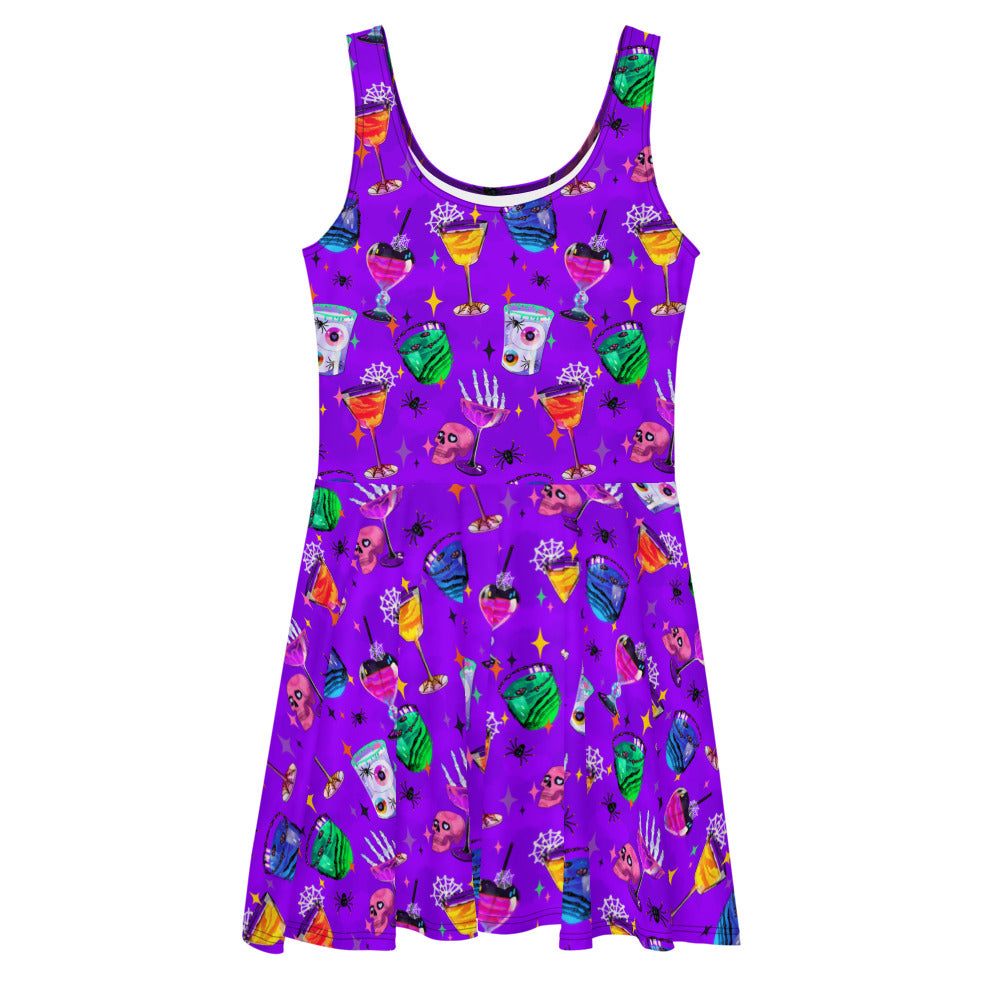 Vibrant Monster Party Skater Dress featuring fun designs, perfect for showcasing your style at any festive occasion.