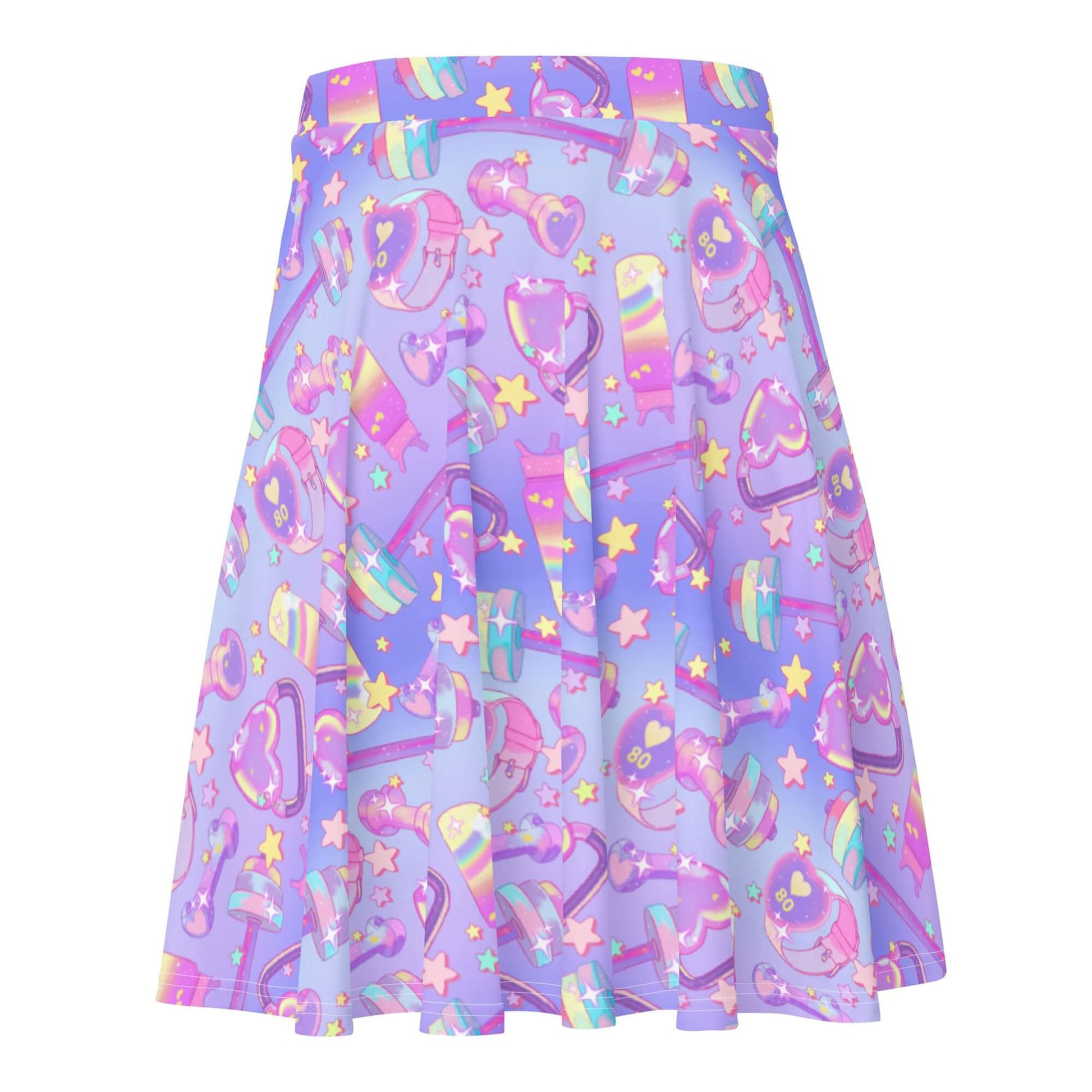 Colorful Glitter Gains Skater Skirt with fun fitness graphics, perfect for showcasing your style and energy.